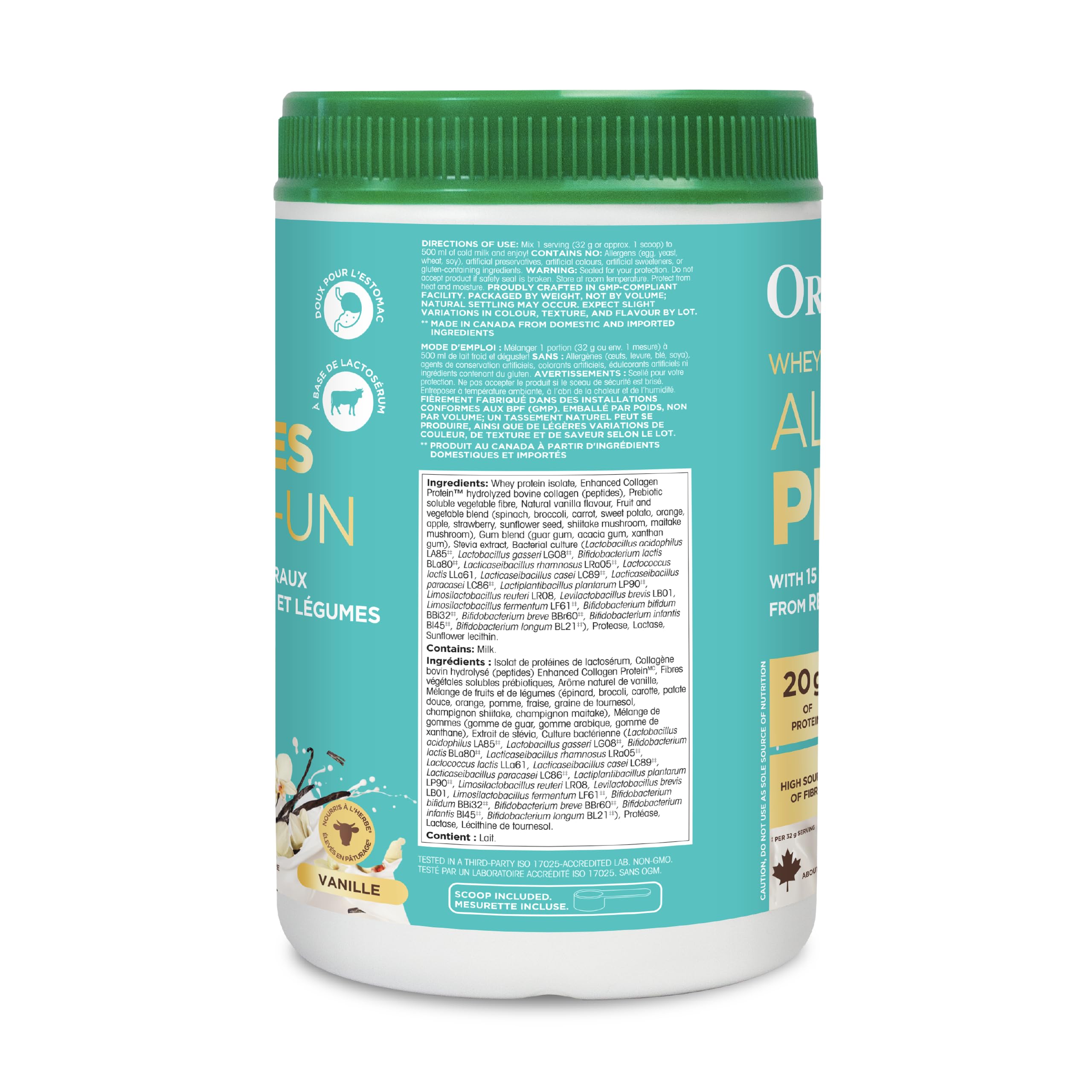 Organika All-in-One Vanilla Protein Powder with 20g Protein, 15 Vitamins & Minerals from Real Fruits & Veggies, 5 Billion CFU Probiotics, 4g Prebiotic Fiber, Digestive Enzymes, 1g Sugar - 640g
