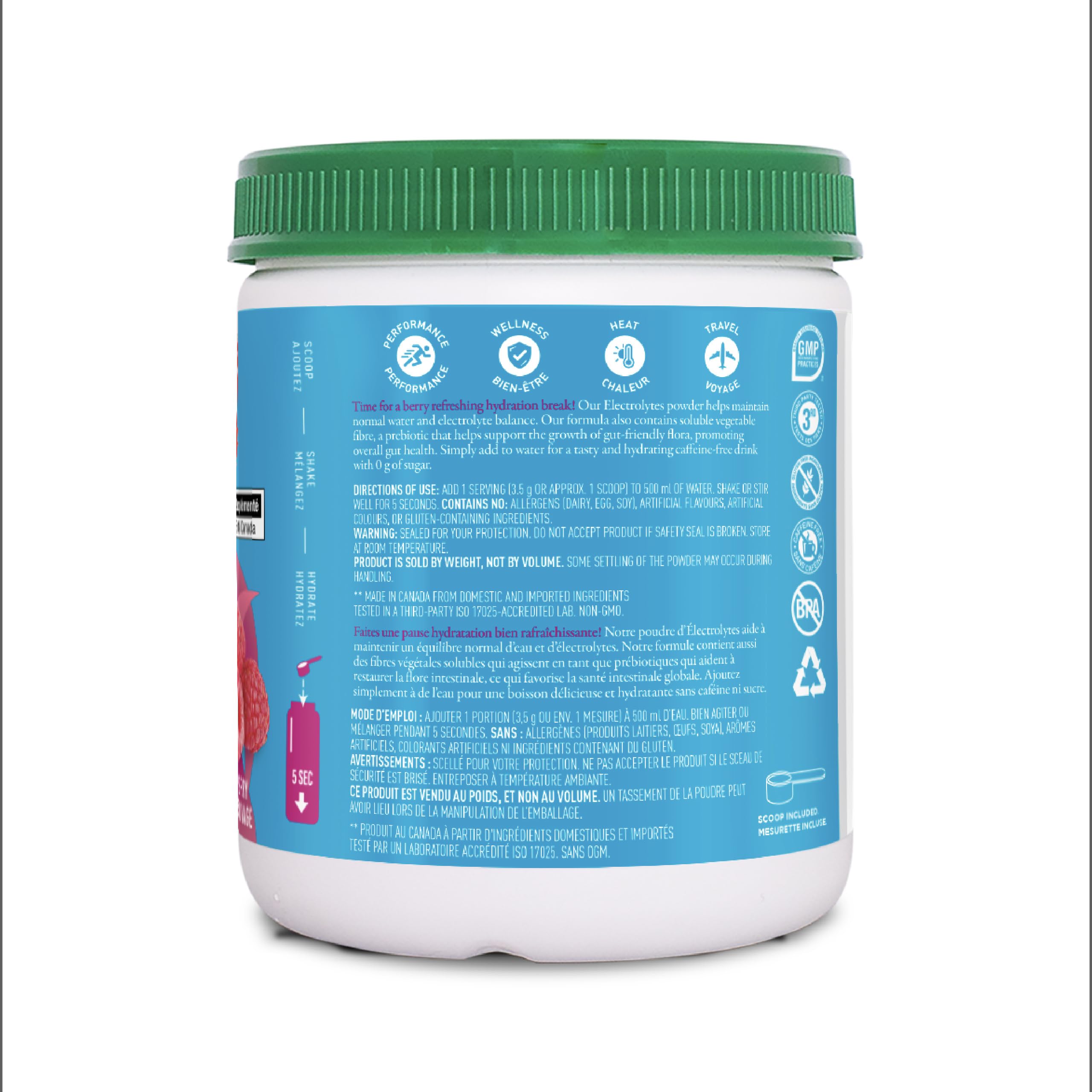 Organika Canadian-Made Electrolytes Powder with Vitamin C & Prebiotic Fibre - Sugar-Free Hydration Drink Mix - Wild Raspberry - 350 g - 100 servings