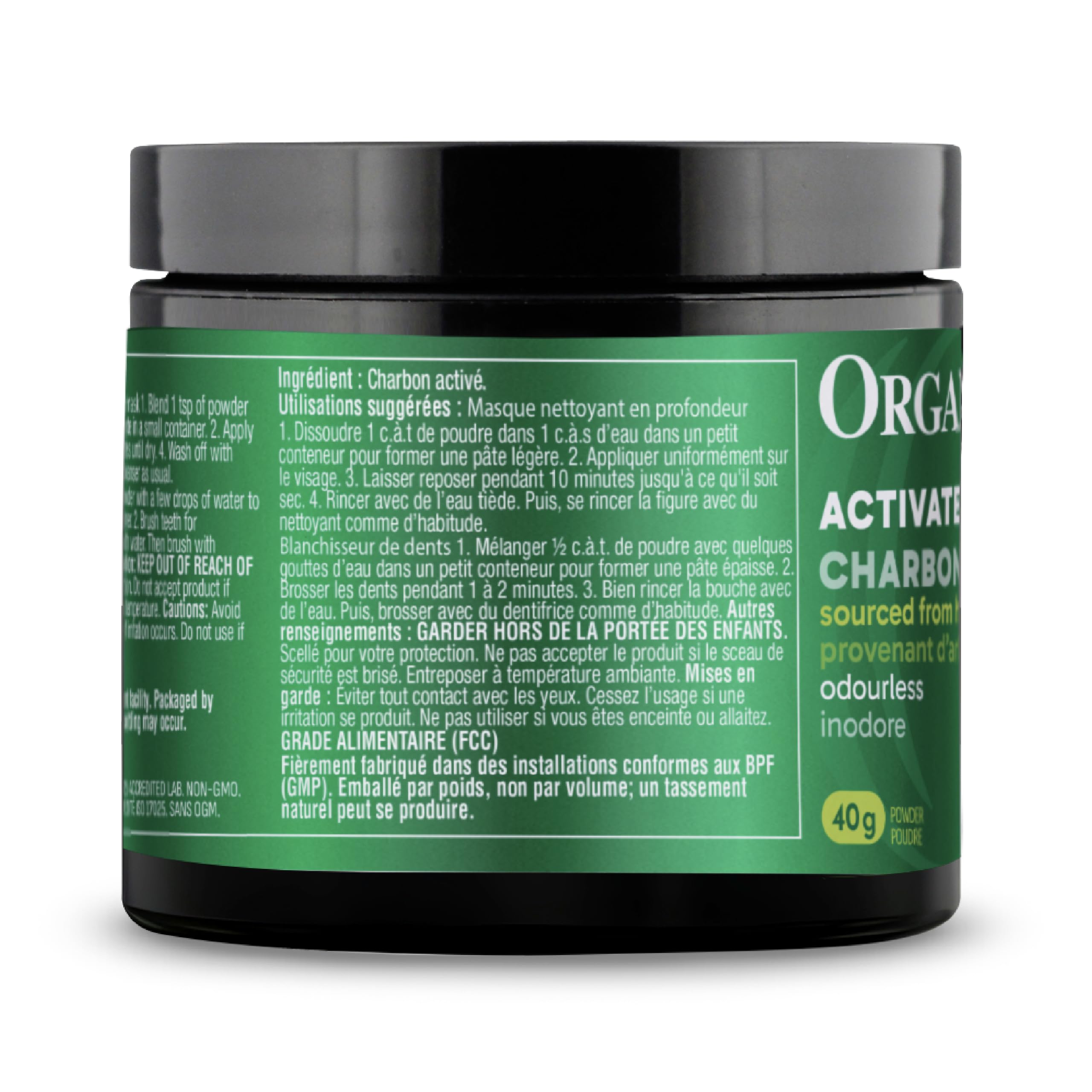 Organika Canadian-Made Activated Charcoal Powder- Food Grade, Detox Support, Teeth Whitening, Face Wash- 40g