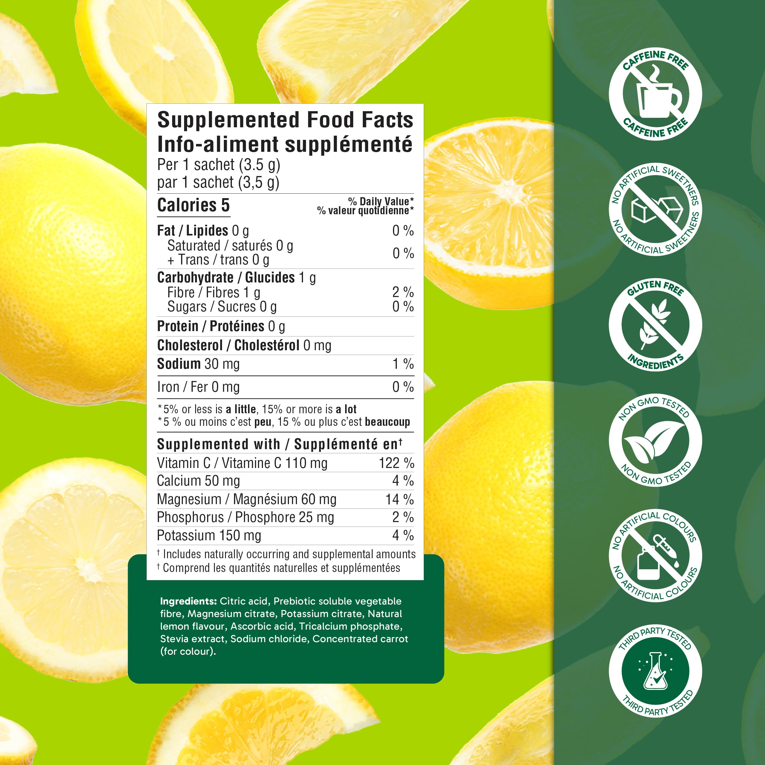 Organika Canadian-Made Electrolytes Powder with Vitamin C & Prebiotic Fibre - Sugar-Free Hydration Drink Mix - Classic Lemonade - 20 Single-Serve Sachets x 3.5g