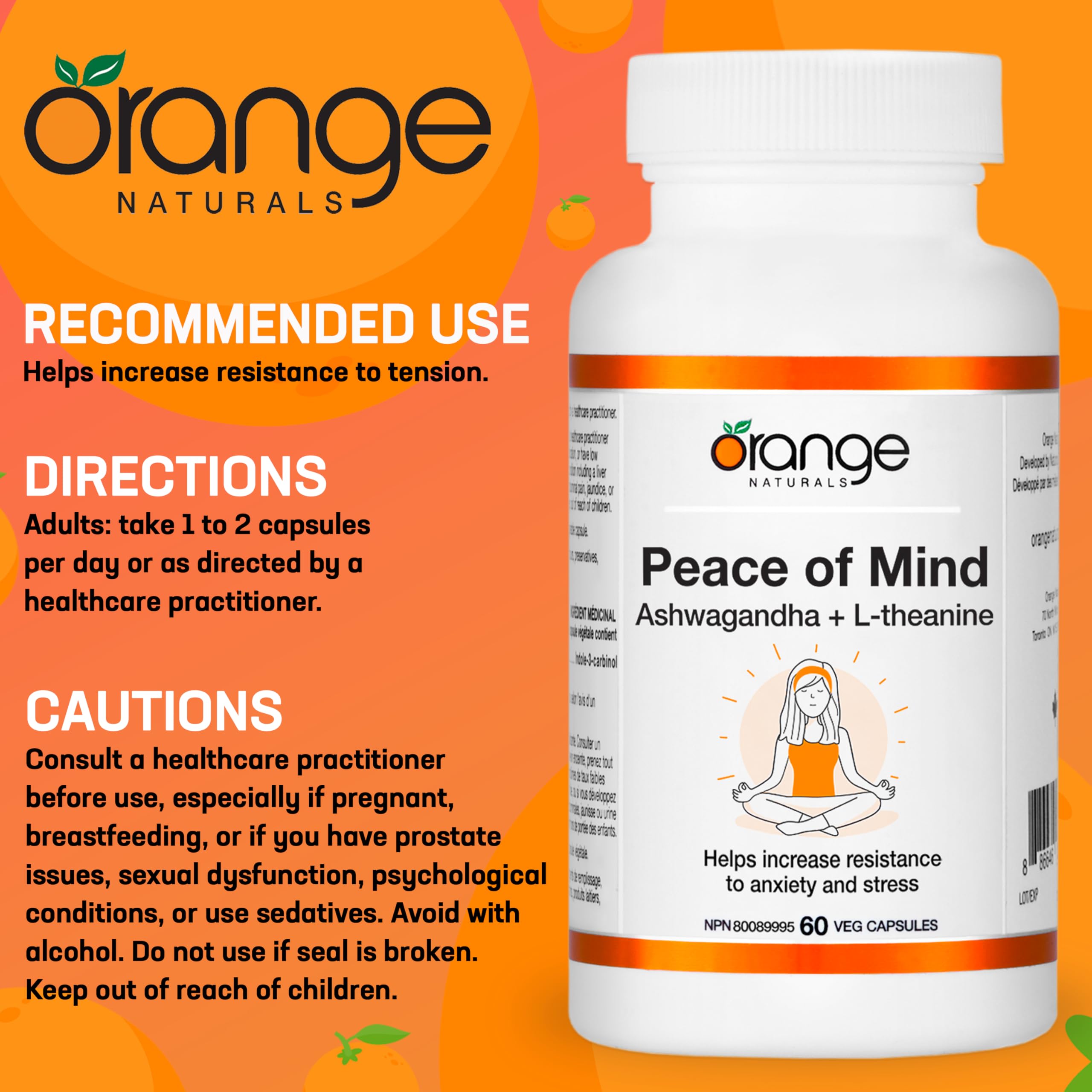 Orange Naturals - Peace of Mind, Ashwagandha KSM-66 and L-theanine, 60 Capsules 30-Day Supply - High-Concentration 300mg Ashwagandha and L-Theanine 100mg for Relaxation and Focus - Vegan & Non-GMO