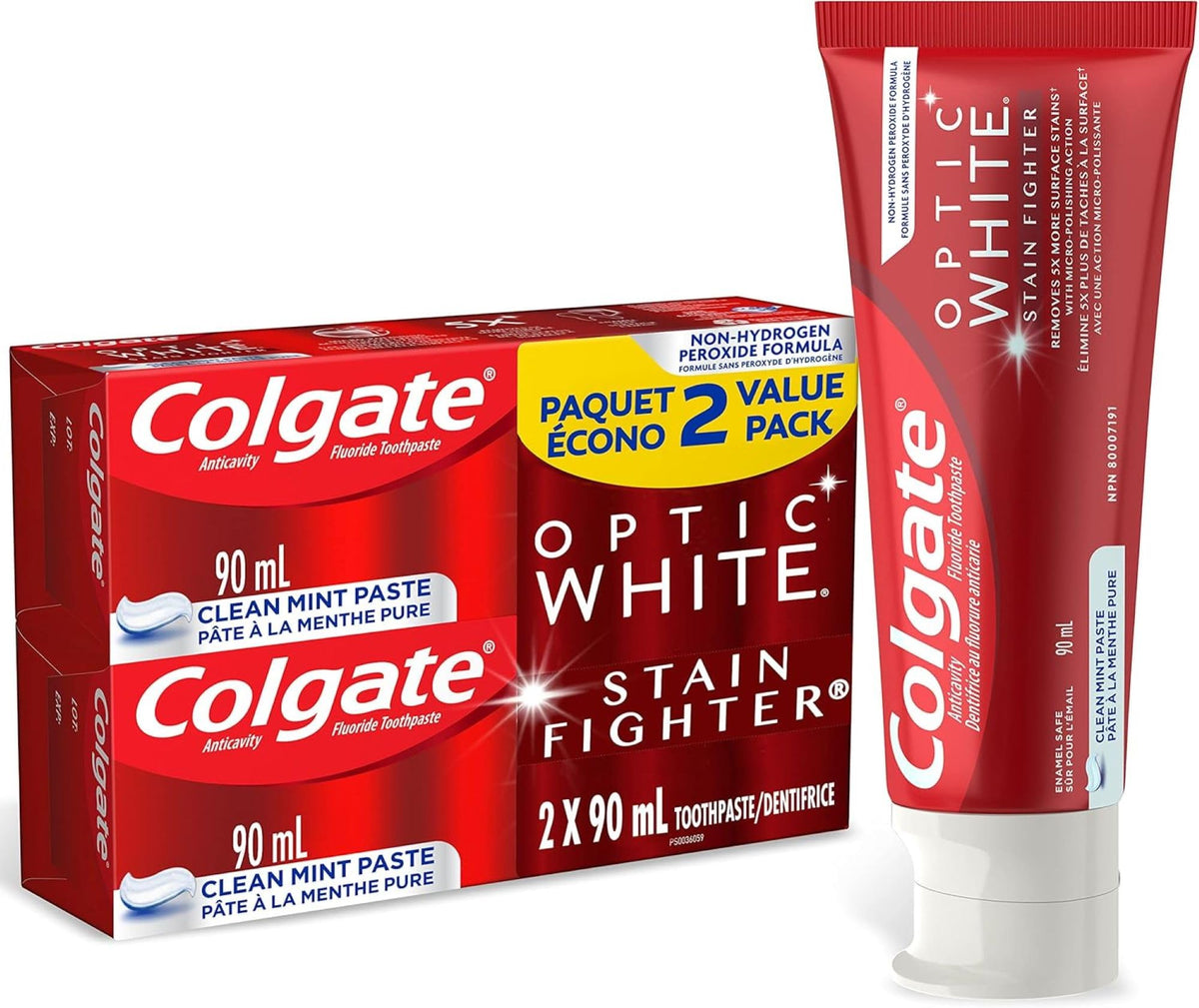 Colgate Optic White Stain Fighter Stain Removal Toothpaste, Clean Mint Paste, 90 mL, 2 Pack