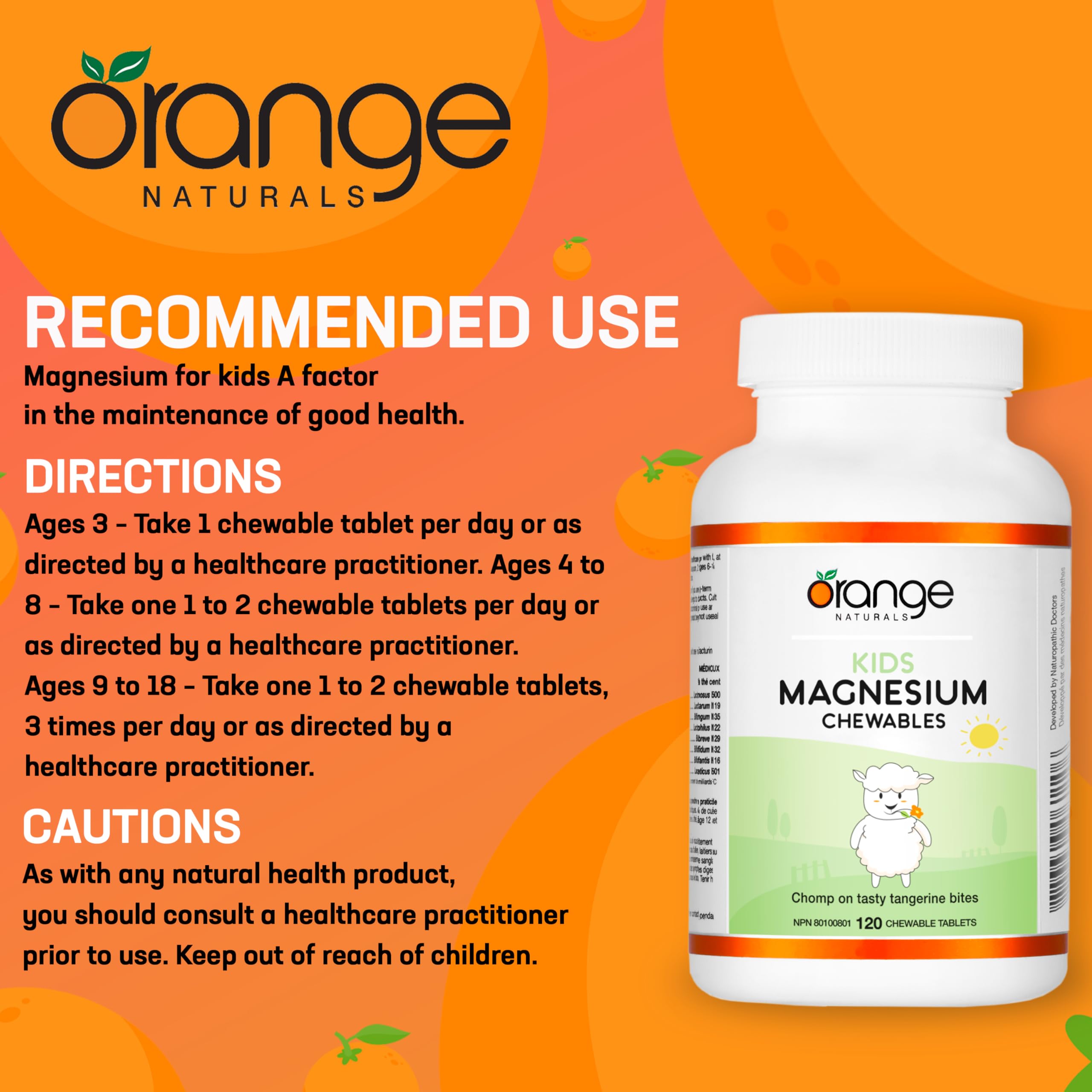 Orange Naturals Kids Magnesium - 120 Chewable Tablets, 120-Day Supply, Orange - Bone & Teeth Support with Chewable Magnesium - Muscle Function & Calm, Restful Sleep Support - Vegan & Non-GMO