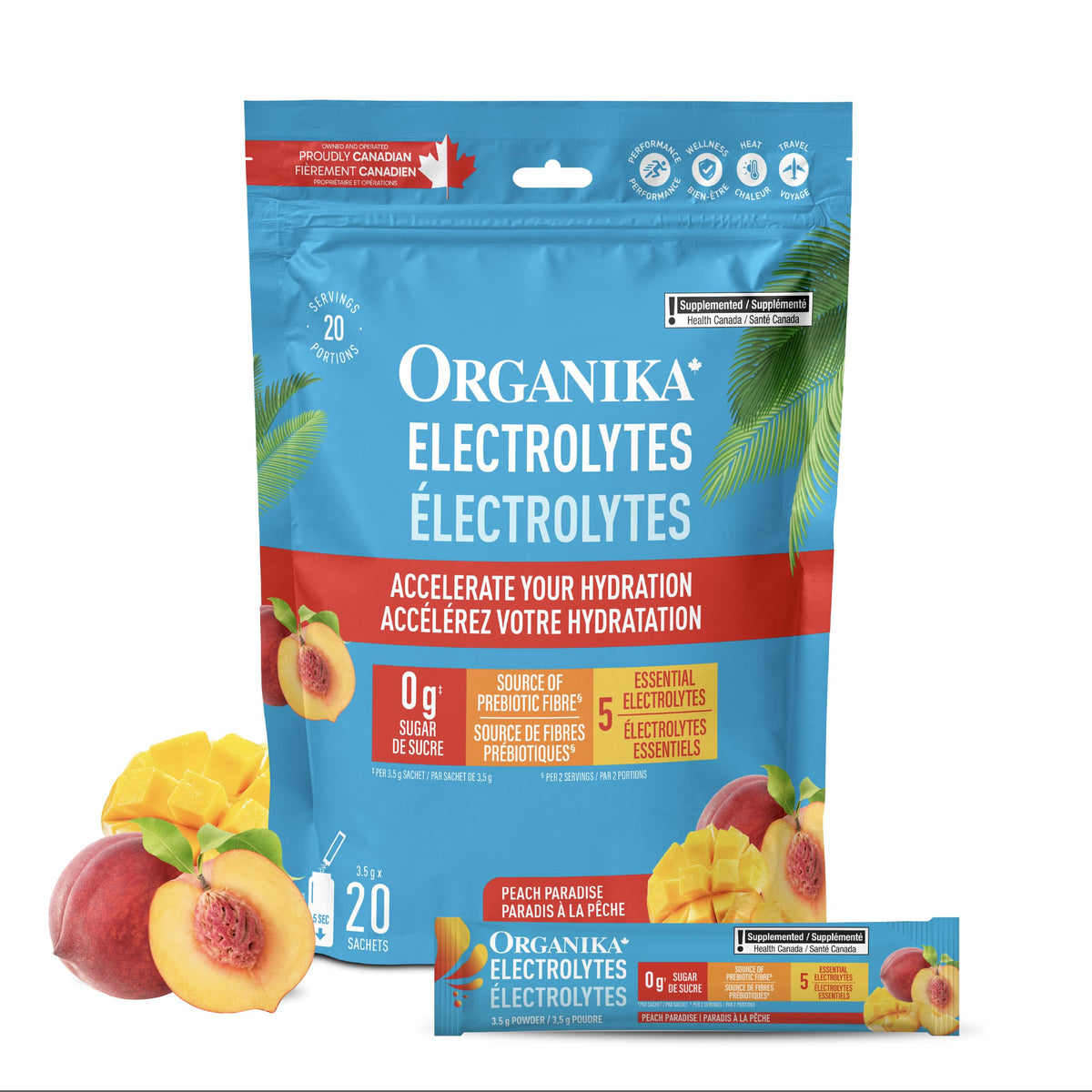 Organika Canadian-Made Electrolytes Powder with Vitamin C & Prebiotic Fibre - Sugar-Free Hydration Drink Mix - Peach Paradise - 20 Single-Serve Sachets x 3.5g