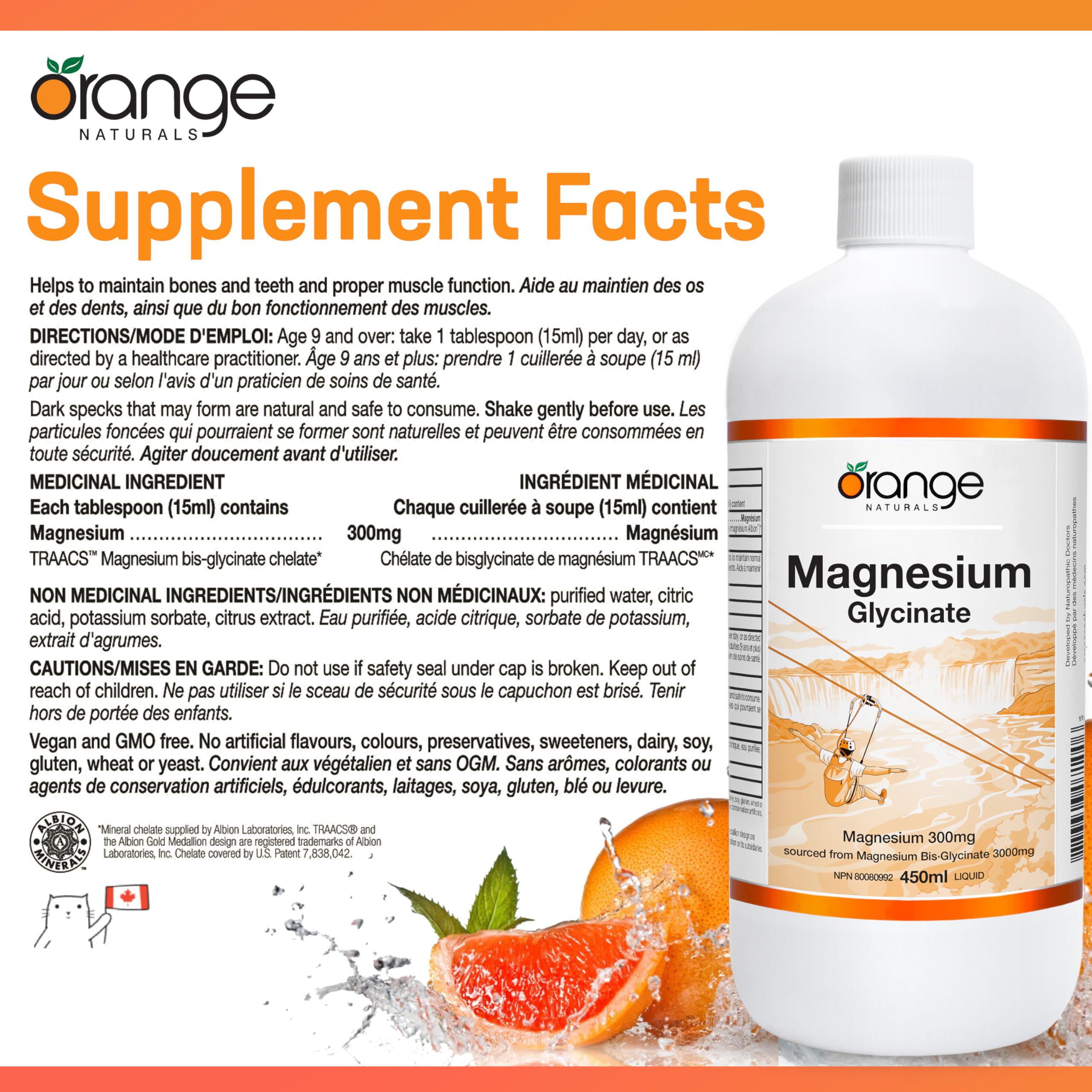 Orange Naturals - Magnesium Glycinate Liquid, 450ml 30-Servings Natural Citrus Flavour - Helps to Maintain Bones and Teeth and Proper Muscle Function - Promotes Relaxation & Calmness - Vegan & Non-GMO