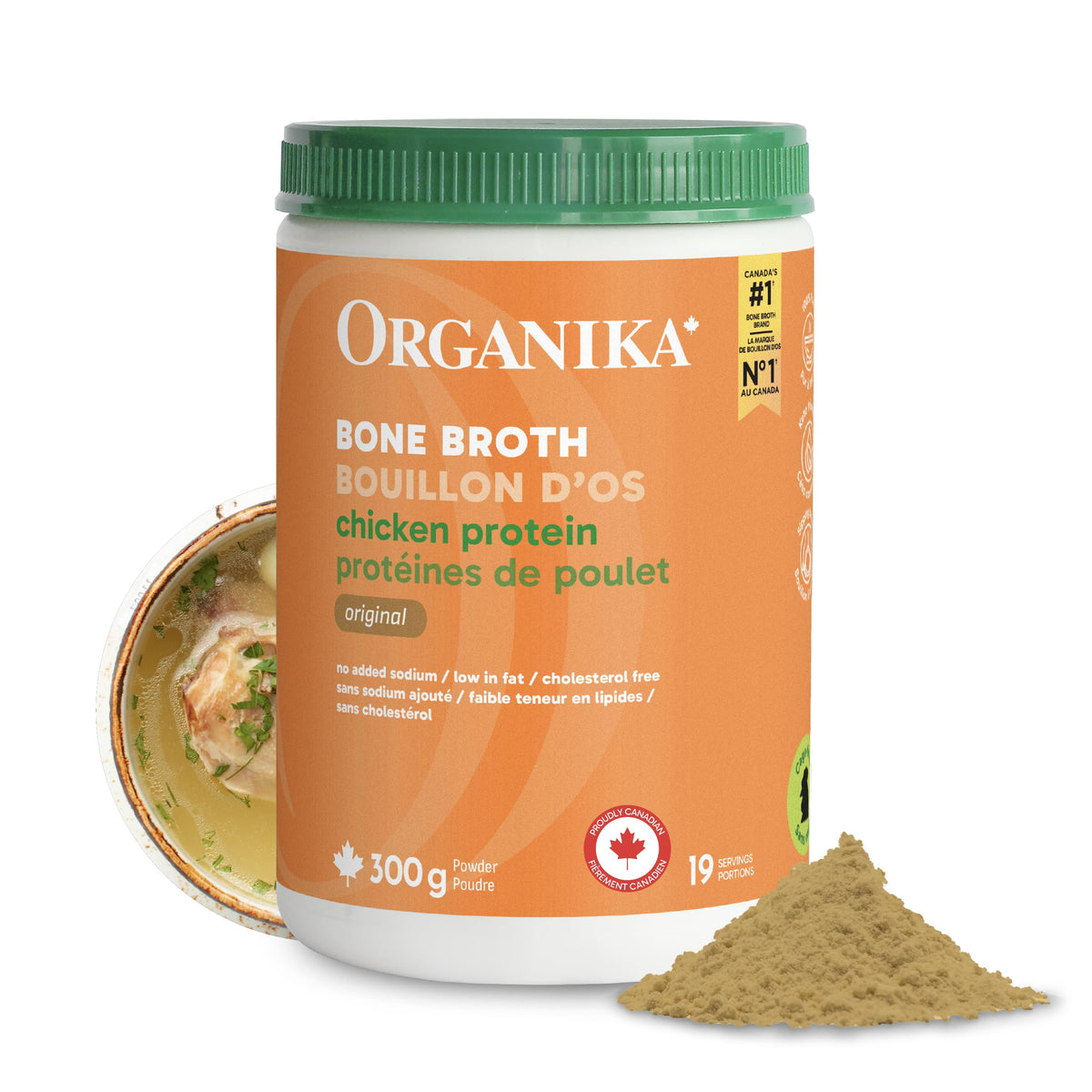 Organika Canadian-Made Chicken Bone Broth Powder-15g Protein Per Serving, Low-Sodium, Mineral-Rich, Convenient Powder Format, Easily Add to Recipes, Keto | Free-Run, Non-GMO and Organic Vegetarian Fed-Chickens- 300g
