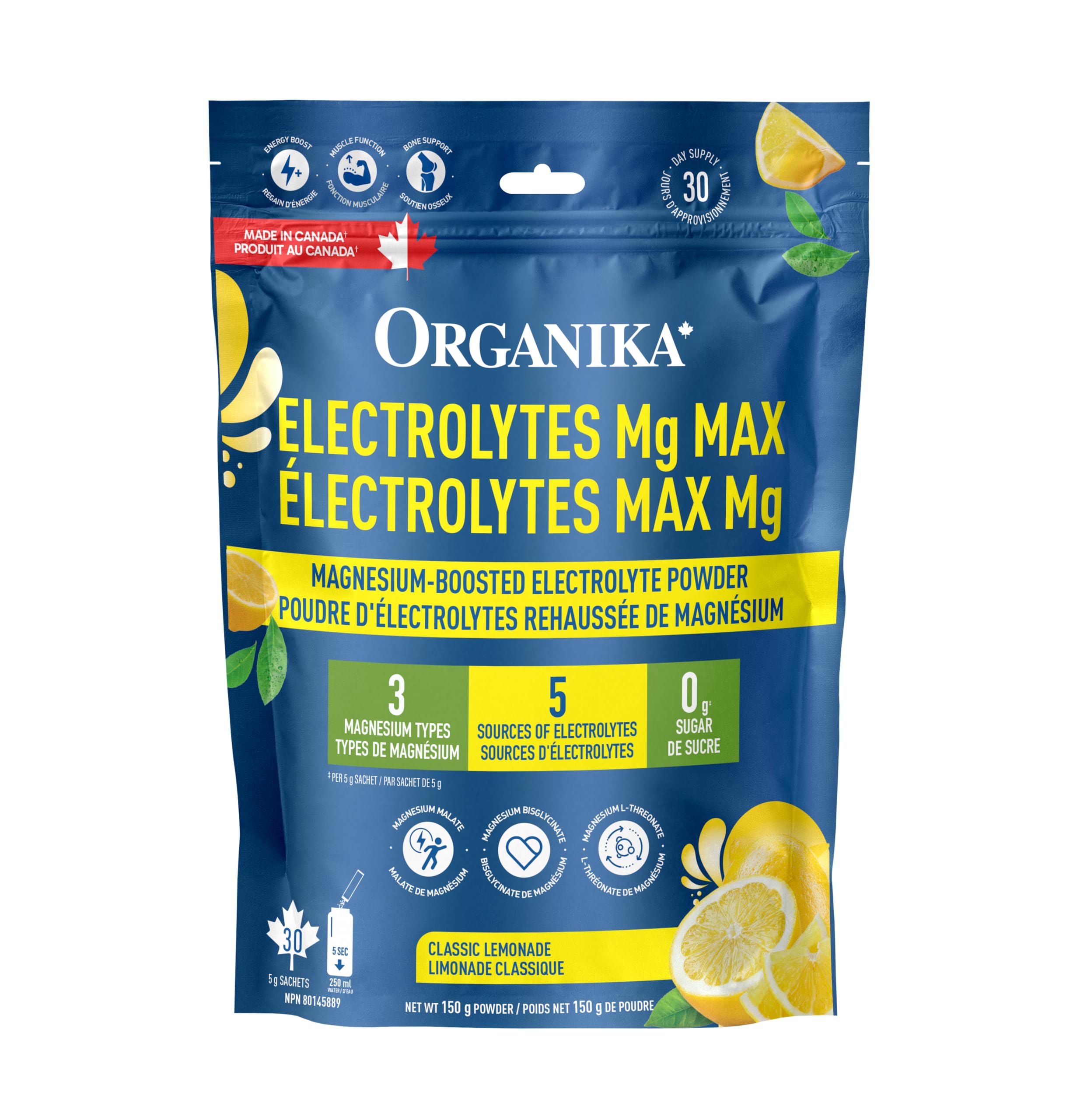 Organika Electrolytes Powder with Magnesium – 3 Forms of Magnesium (Malate, Bisglycinate, L-Threonate) + Potassium, Vit B6, B12, D3 – Hydration & Muscle Recovery Support – Sugar-Free, Lemonade – 30 x 5g Sachets