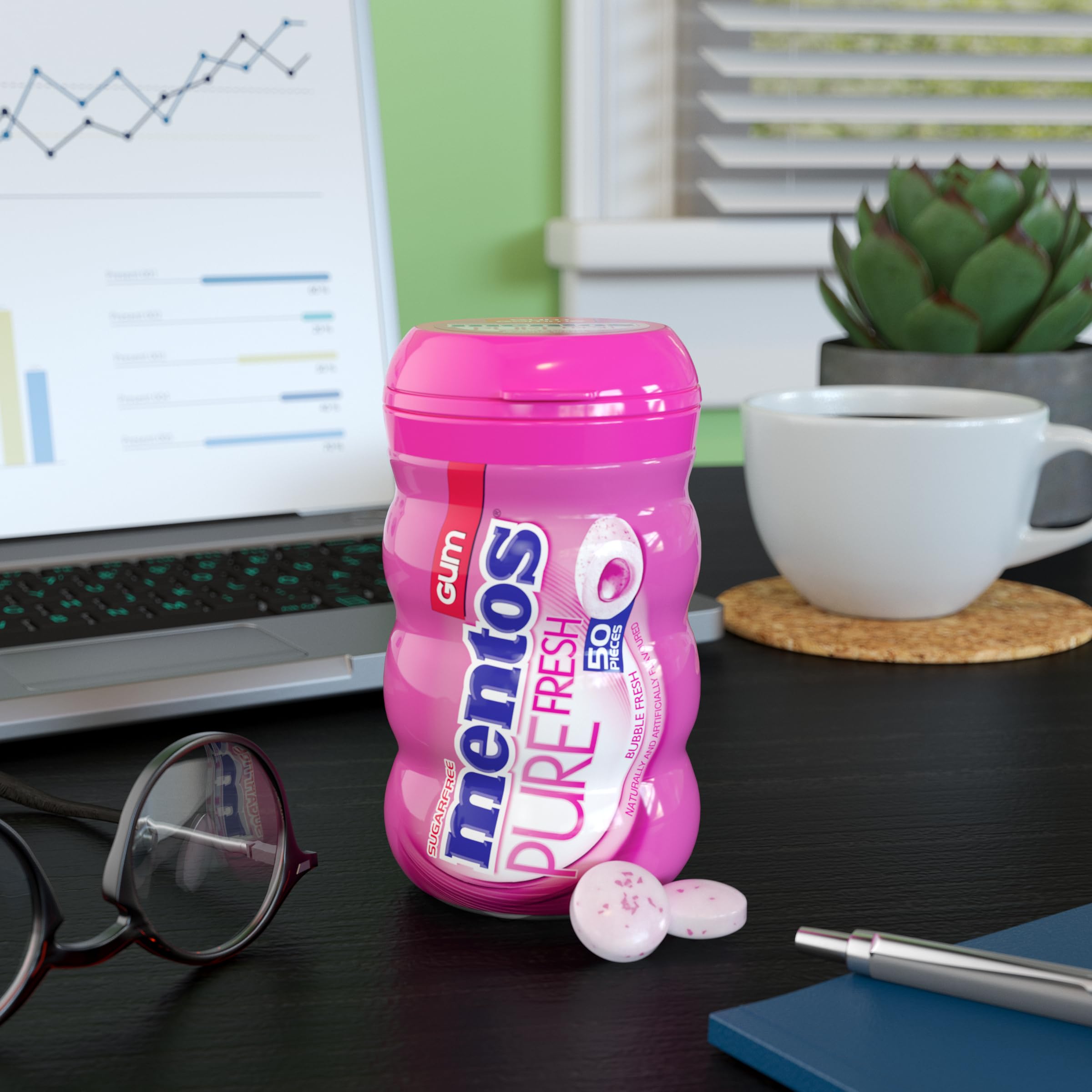 Mentos Pure Fresh, Bubble Fresh Sugar-free Gum - Pack of 6 Bottles (300 Pieces)