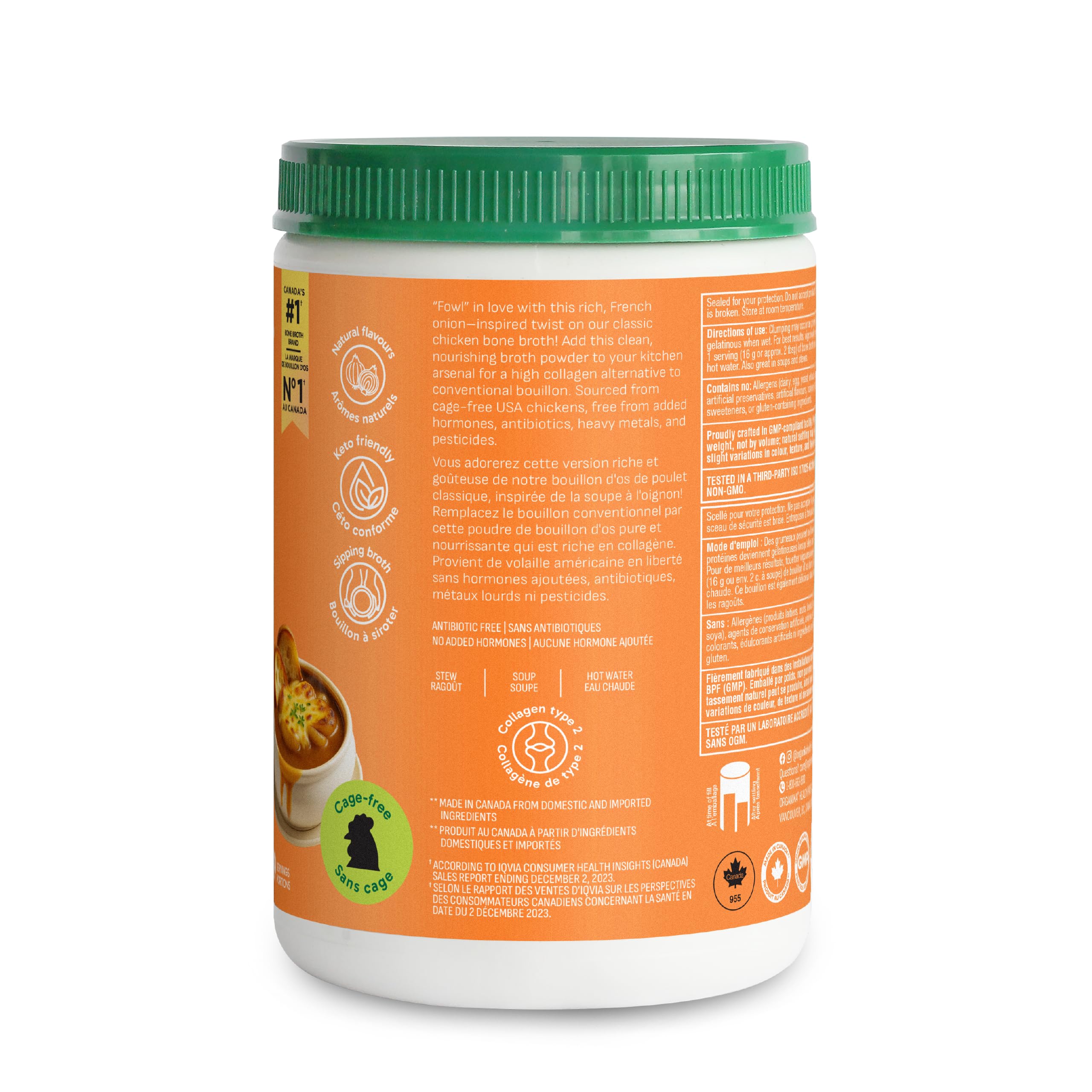 Organika Canadian-Made Chicken Bone Broth Powder French Onion Flavour-15g Protein Per Serving, Mineral-Rich, Convenient Powder Format, Keto|Free-Run, Non-GMO and Organic Vegetarian Fed-Chickens- 300g