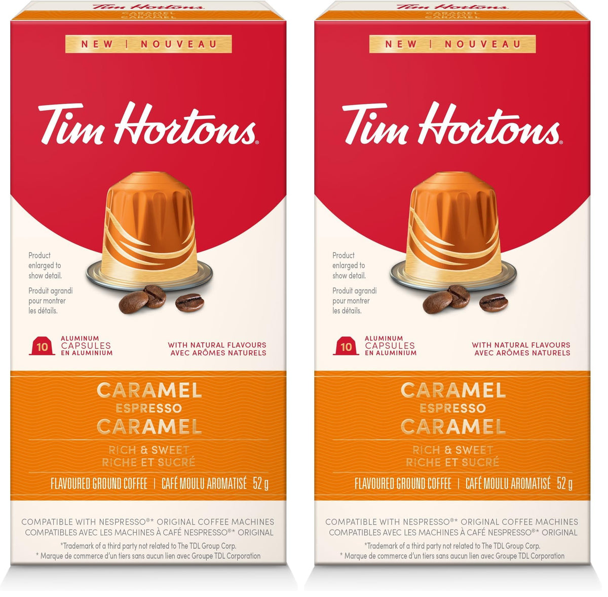 Tim Hortons Caramel Espresso Capsules, Nespresso Original Line Compatible Capsules, 10 Count (Pack of 2)