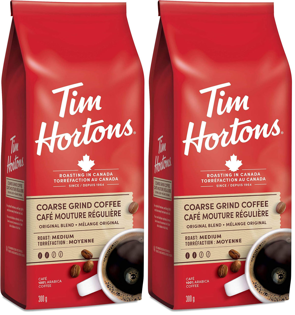 Tim Hortons Original Coffee, Coarse Grind Bag, Medium Roast, 300g (Pack of 2)