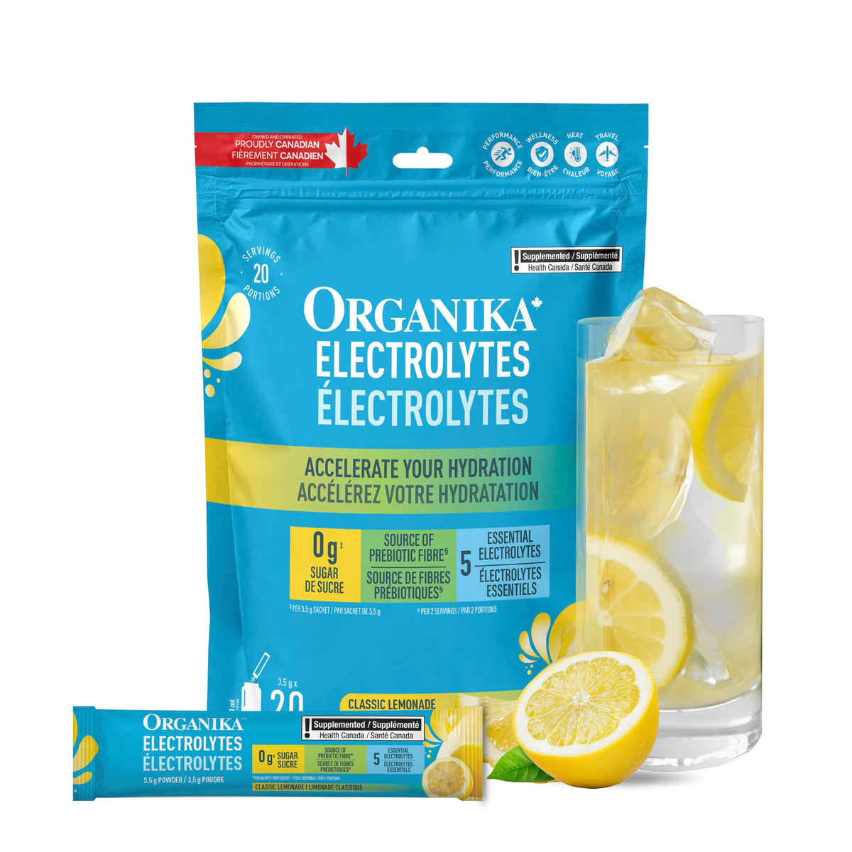 Organika Canadian-Made Electrolytes Powder with Vitamin C & Prebiotic Fibre - Sugar-Free Hydration Drink Mix - Classic Lemonade - 20 Single-Serve Sachets x 3.5g