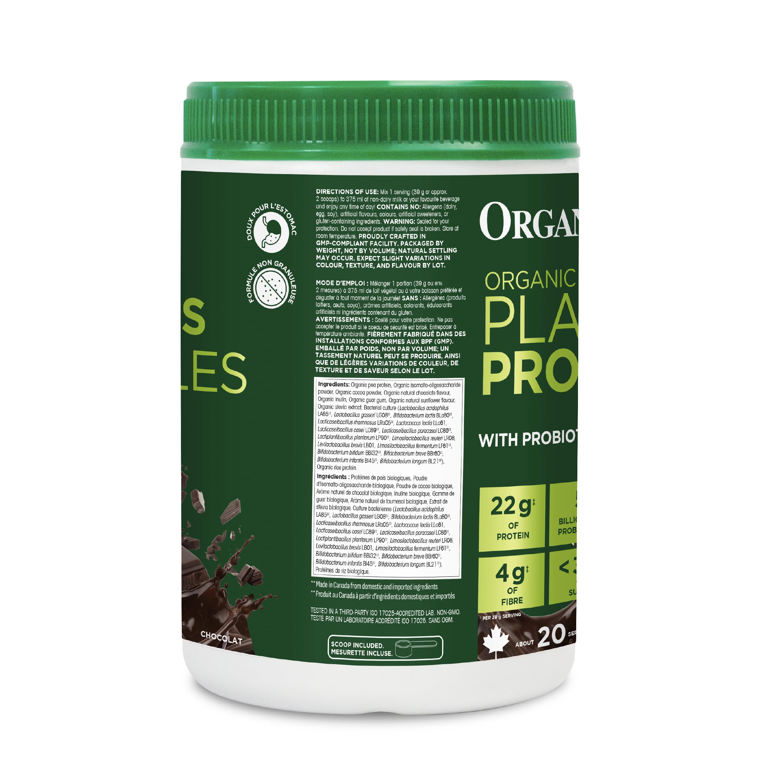 Organika Organic Plant Protein Powder Chocolate with Prebiotics & Probiotics – 22g Vegan Protein, 4g Fibre, Supports Digestion, Energy & Muscle Recovery – Low Sugar, Non-GMO – 780g