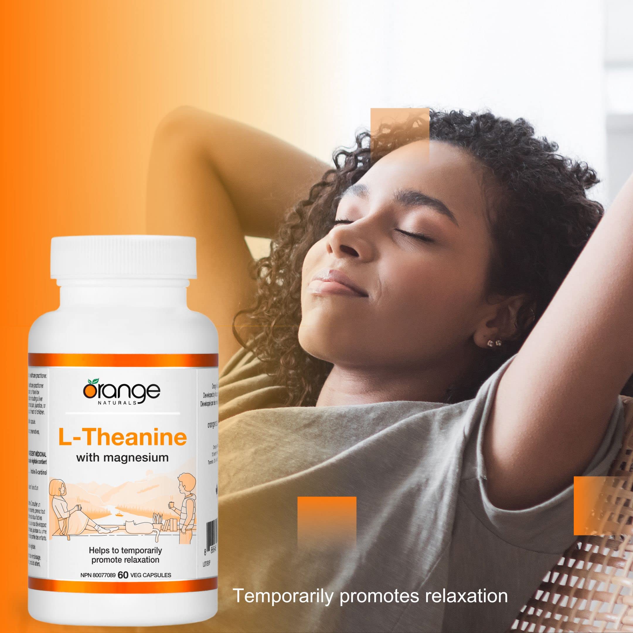 Orange Naturals - L-Theanine with Magnesium Bisglycinate 250mg, 60 Capsules 60-Day Supply - Enhanced Sleep and Relaxation Support without Drowsiness, Promotes Mental Calmness - Vegan and Non-GMO