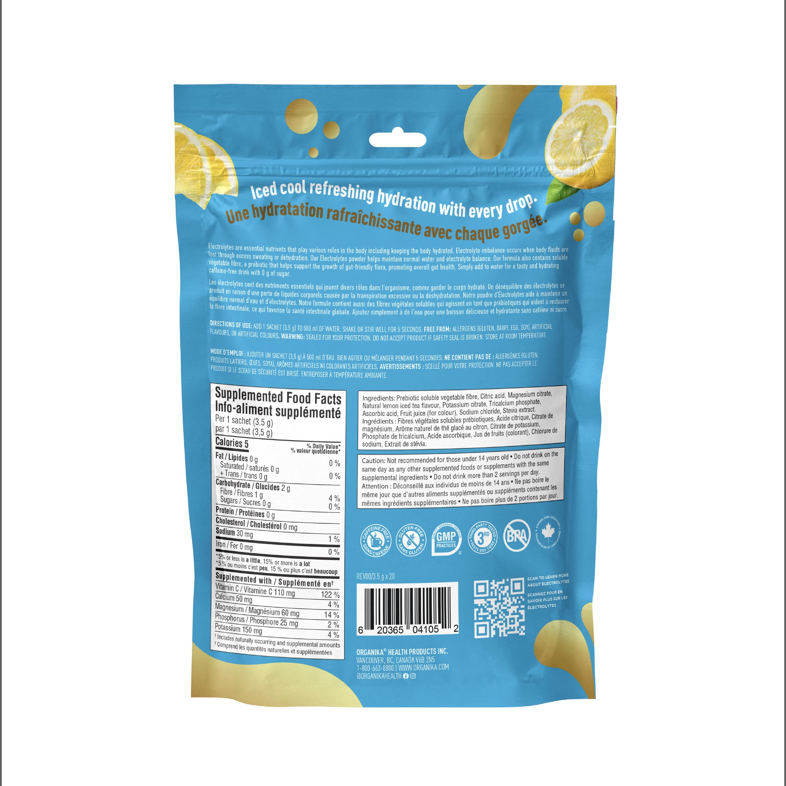Organika Canadian-Made Electrolytes Powder with Vitamin C & Prebiotic Fibre - Sugar-Free Hydration Drink Mix - Lemon Iced Tea - 20 Single-Serve Sachets x 3.5g