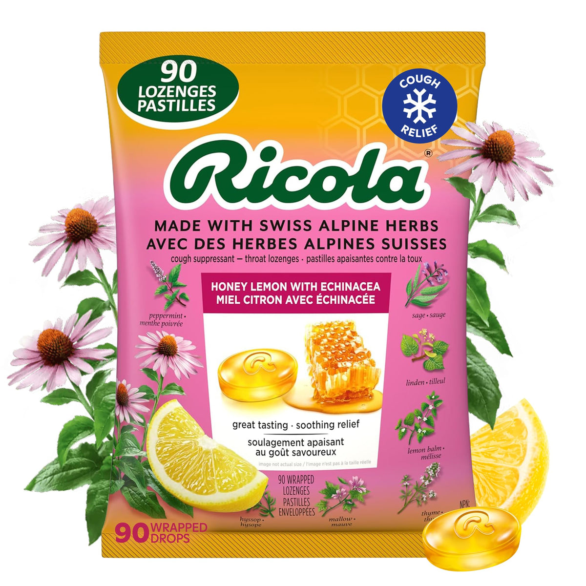 Ricola Honey Lemon Echinacea Cough Drops with Menthol - Minor Cough and Sore Throat Relief - 90 Count – Herbal Throat Lozenges