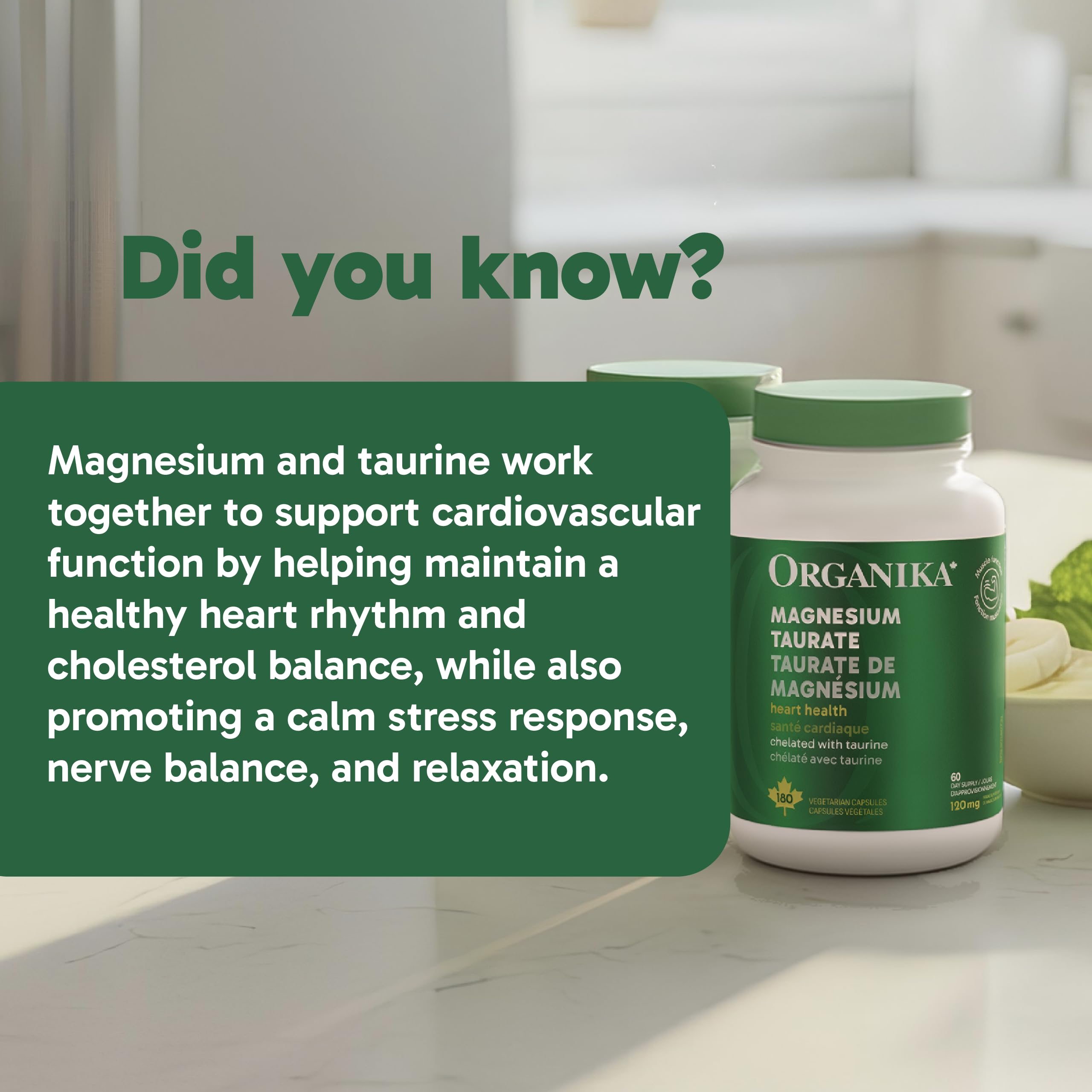 Organika Canadian-Made Magnesium Taurate - Heart & Muscle Function Support | Chelated with Taurine | Gentle on Digestion | Energy & Electrolyte Support | 180 Vegetarian Capsules