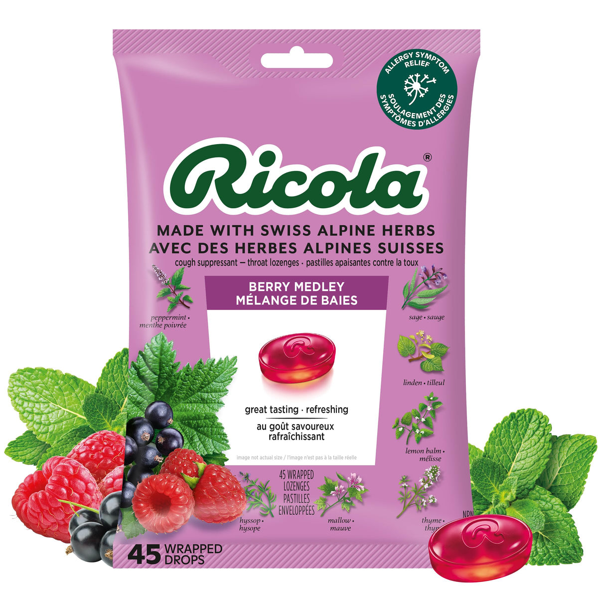 Ricola Berry Medley Herbal Cough Drops with Swiss Alpine Herbs and Low Menthol for Everyday Throat and Voice Care - 45 Count - Throat Lozenges with Low Sugar