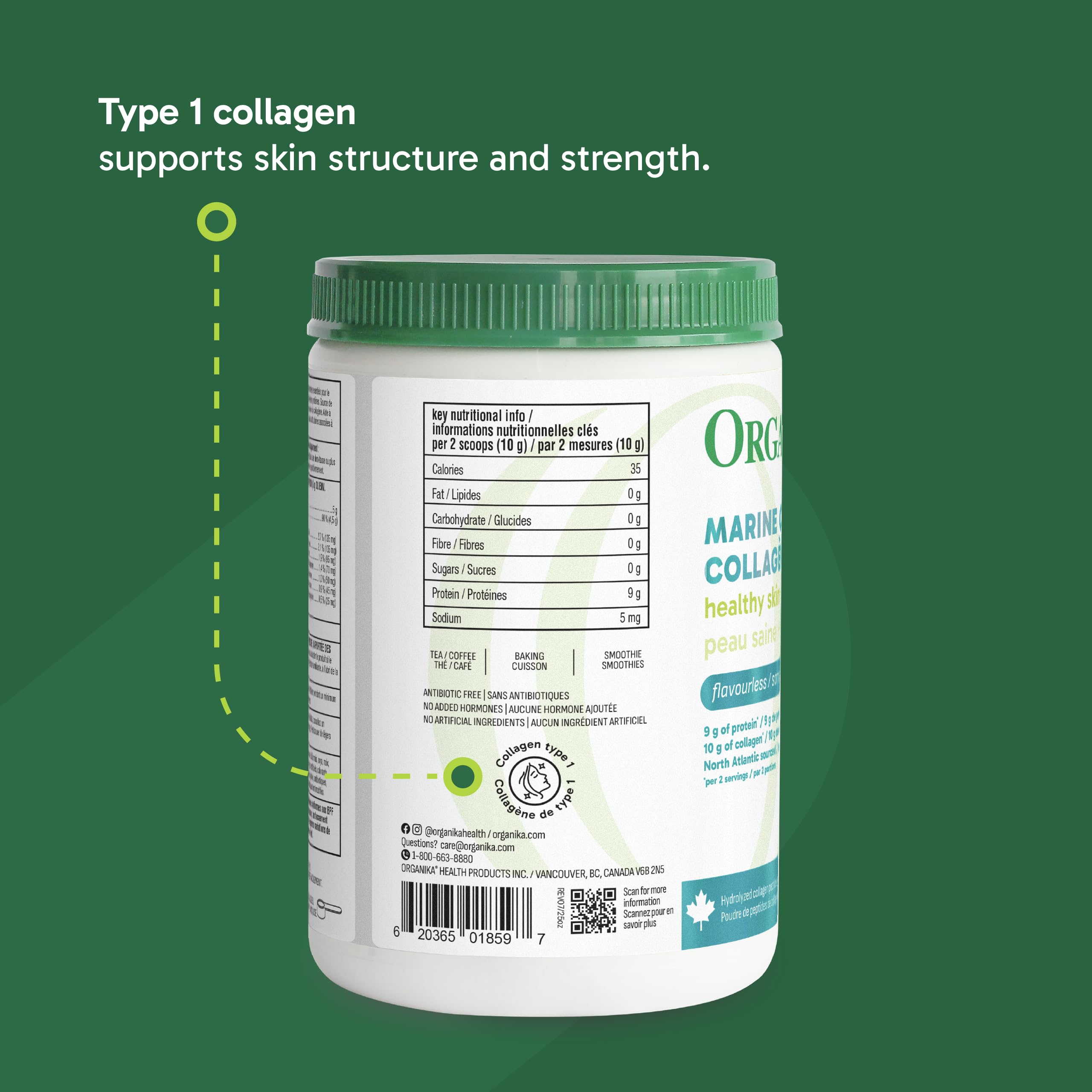 Organika Marine Collagen Powder – 10g Total Serving for Hair, Skin & Nails – Hydrolyzed Collagen Peptides Type 1 from Wild-Caught Fish, Tasteless, Canadian-Made – 250g