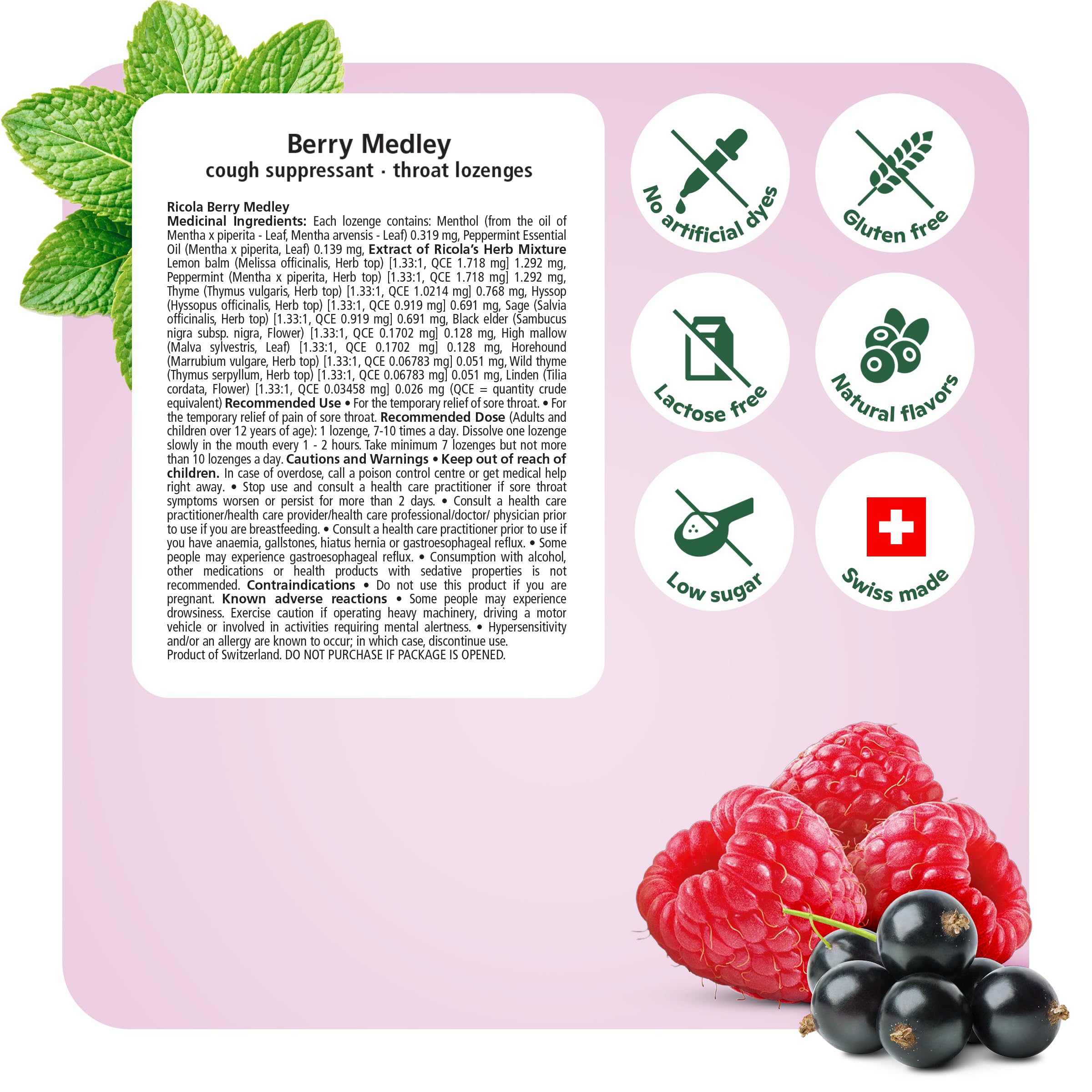Ricola Berry Medley Herbal Cough Drops with Swiss Alpine Herbs and Low Menthol for Everyday Throat and Voice Care - 18 Count - Throat Lozenges with Low Sugar
