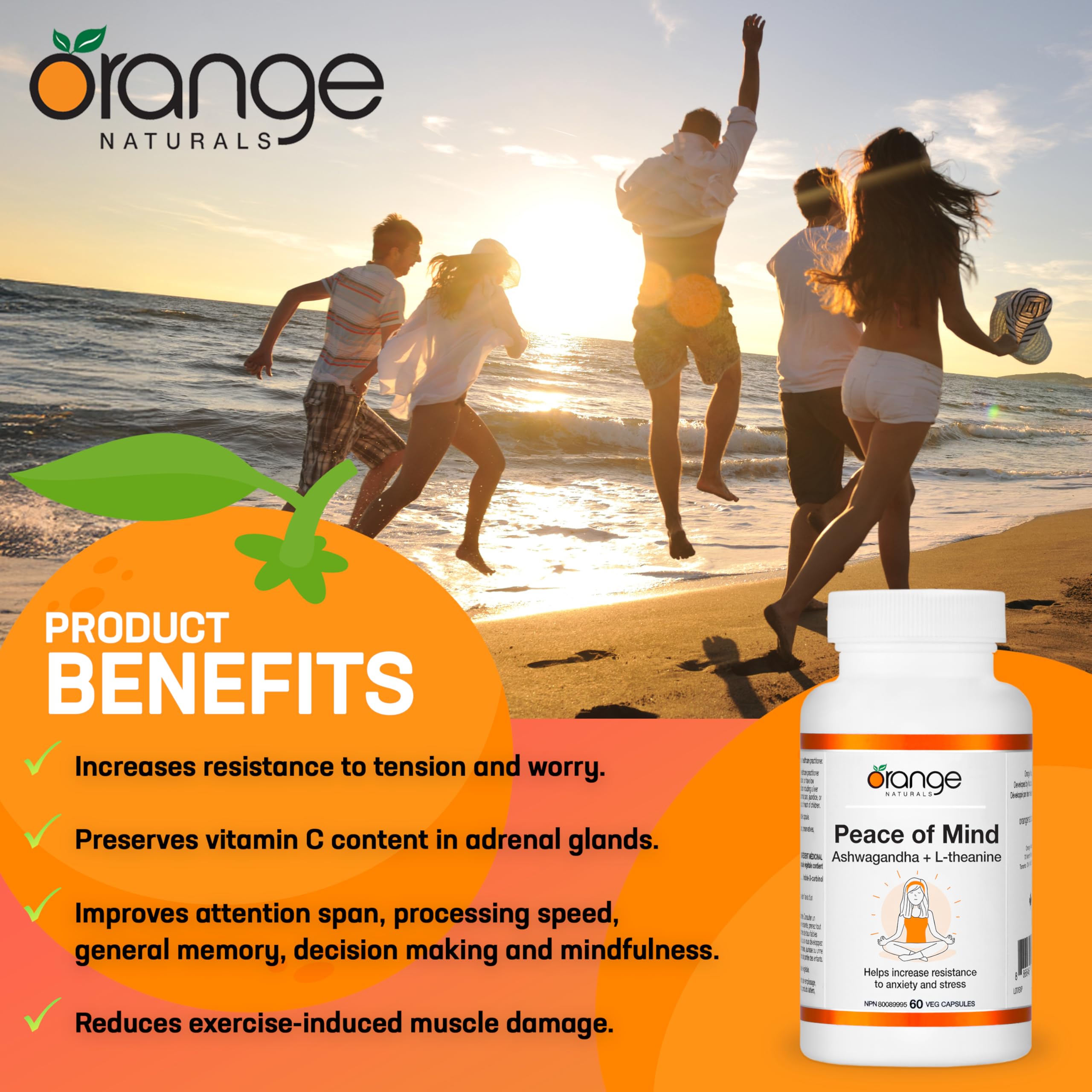Orange Naturals - Peace of Mind, Ashwagandha KSM-66 and L-theanine, 60 Capsules 30-Day Supply - High-Concentration 300mg Ashwagandha and L-Theanine 100mg for Relaxation and Focus - Vegan & Non-GMO