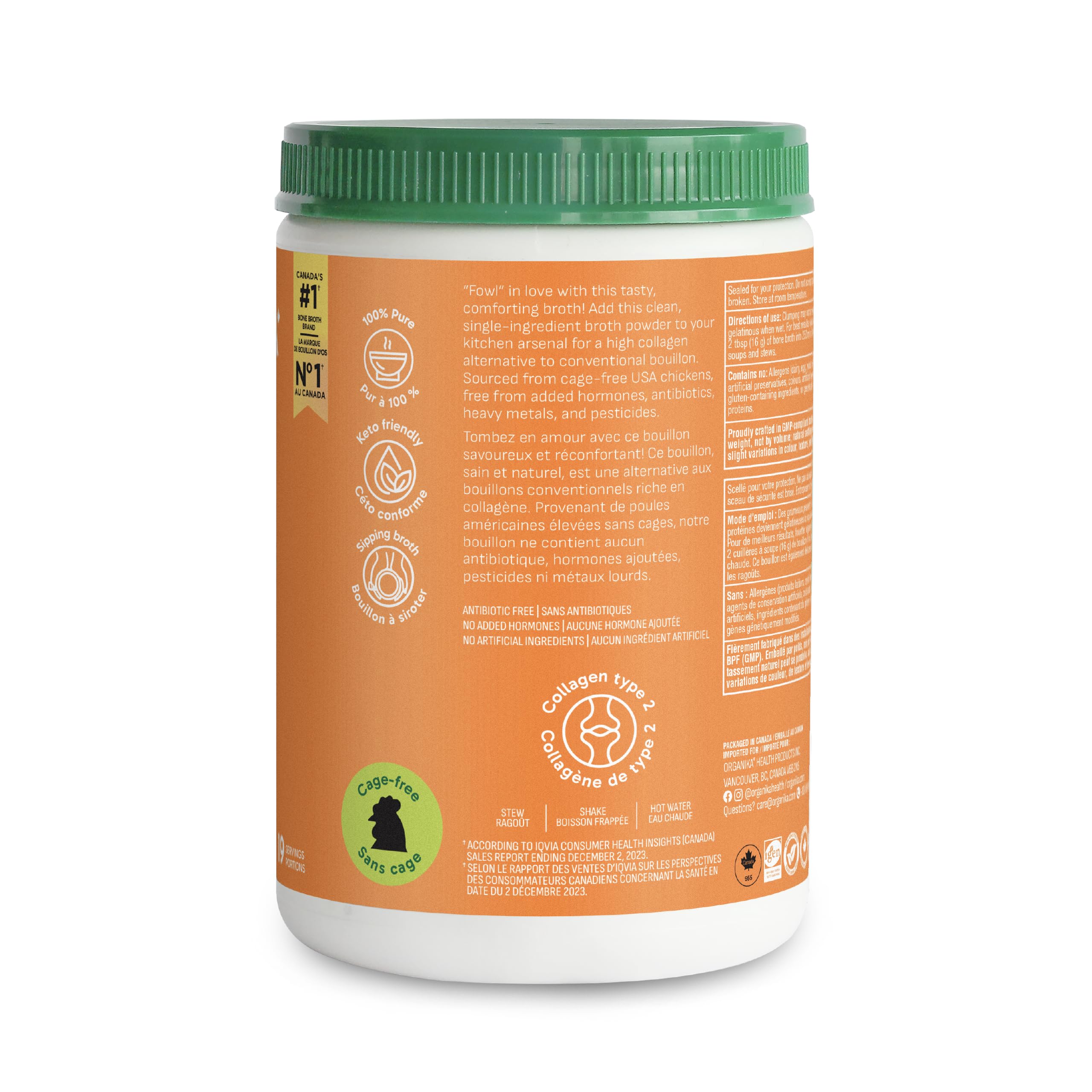 Organika Canadian-Made Chicken Bone Broth Powder-15g Protein Per Serving, Low-Sodium, Mineral-Rich, Convenient Powder Format, Easily Add to Recipes, Keto | Free-Run, Non-GMO and Organic Vegetarian Fed-Chickens- 300g