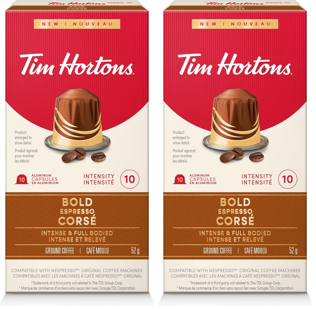 Tim Hortons Bold Espresso Capsules, Nespresso Original Line Compatible Capsules, 10 Count (Pack of 2)