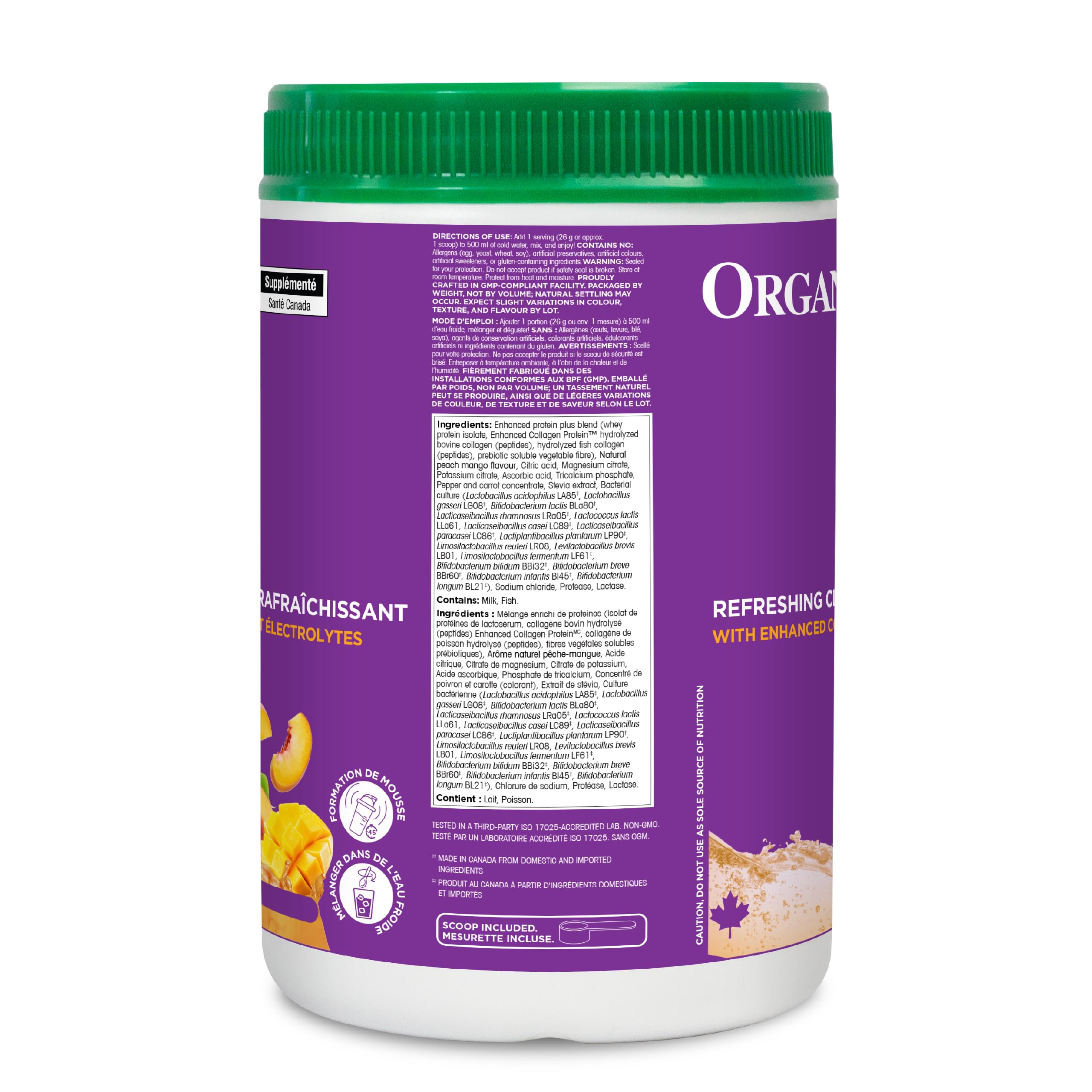 Organika Canadian-Made Protein Hydrator- Peach Mango Flavour- Clear Whey Protein Isolate with Collagen, Electrolytes, and Probiotics. Easy to Digest, 20g Protein Per Serving- 650g