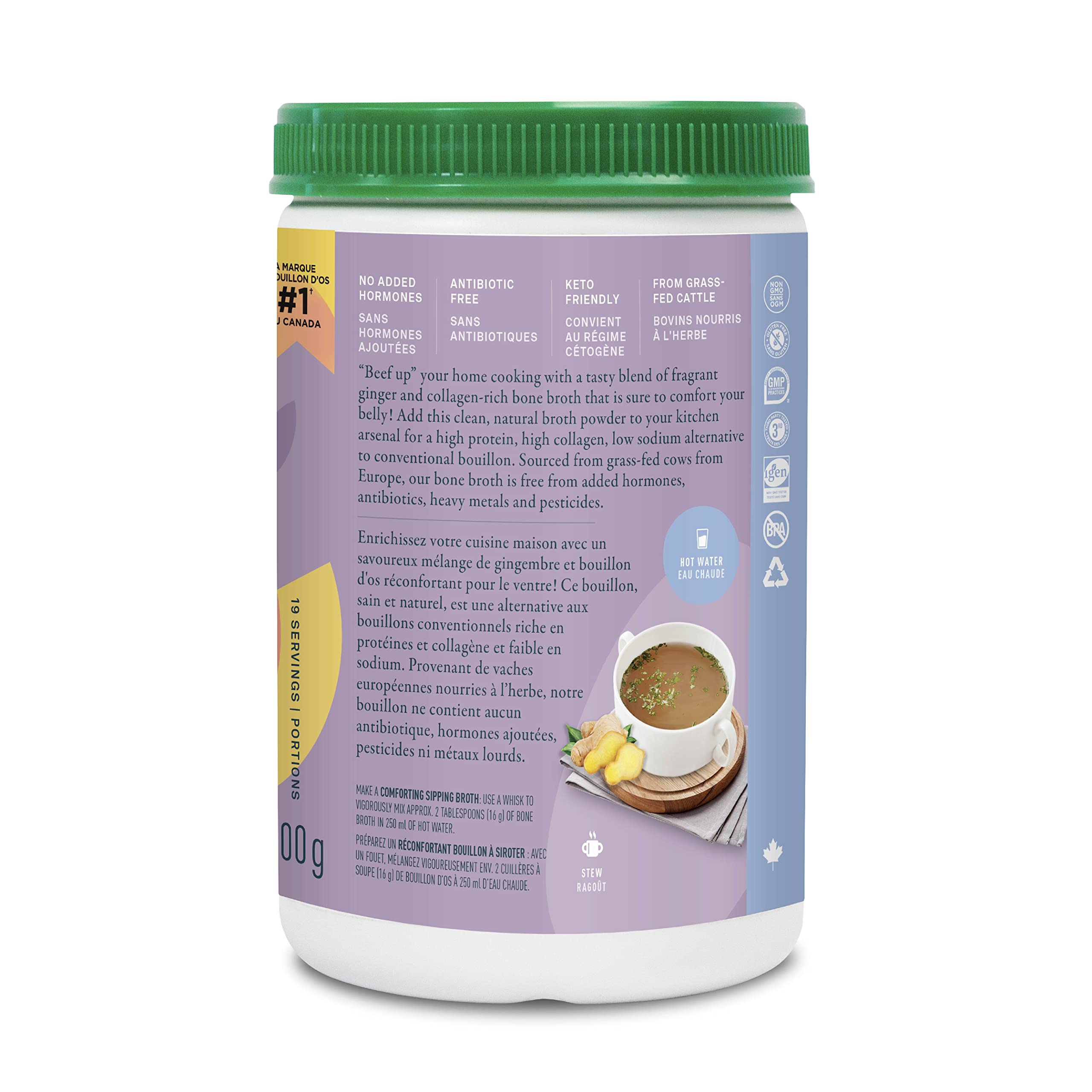 Organika Beef Bone Broth Powder with Ginger- Grass-Fed and Pasture Raised Cows- Keto Friendly, High Protein and Mineral Content, 300g