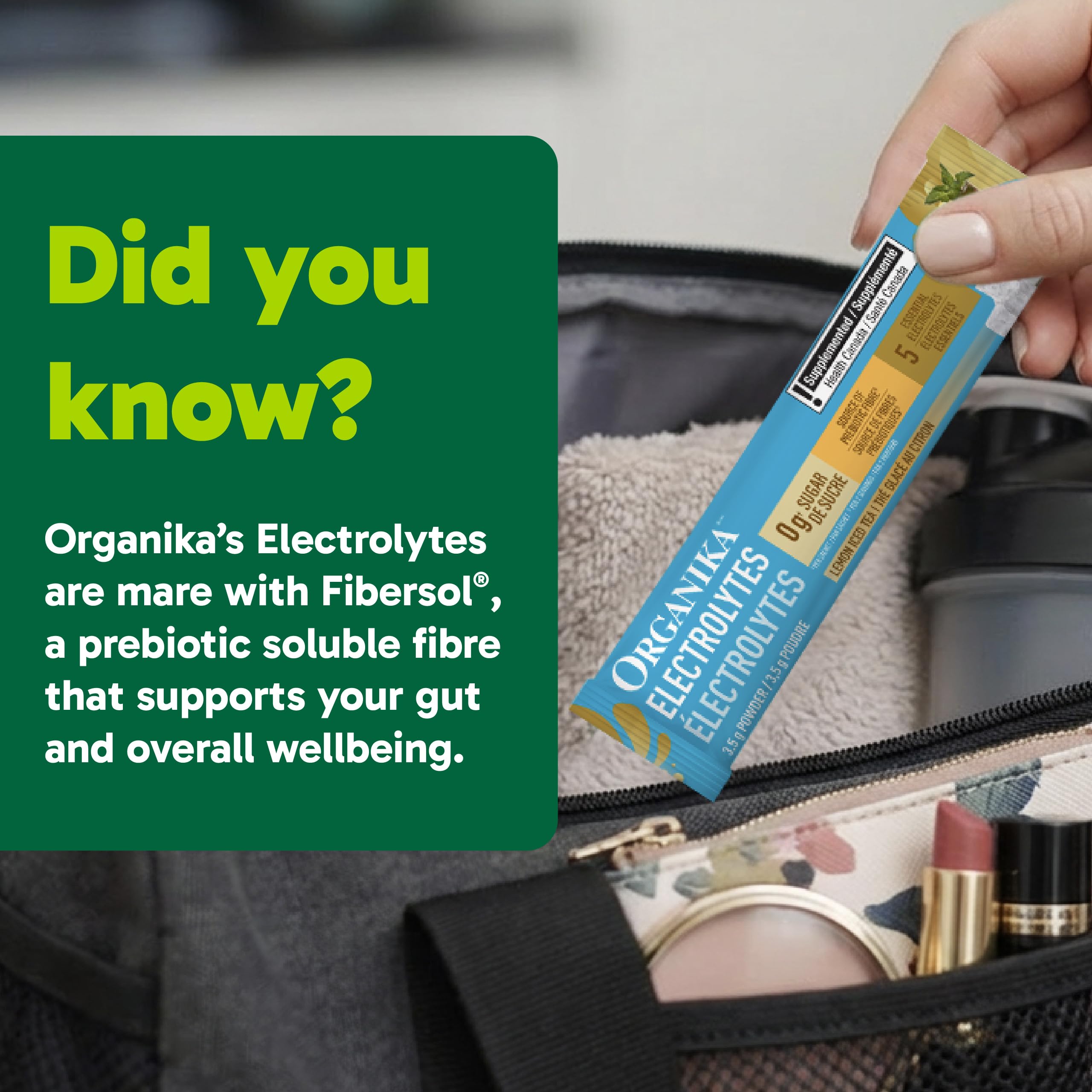 Organika Canadian-Made Electrolytes Powder with Vitamin C & Prebiotic Fibre - Sugar-Free Hydration Drink Mix - Lemon Iced Tea - 20 Single-Serve Sachets x 3.5g