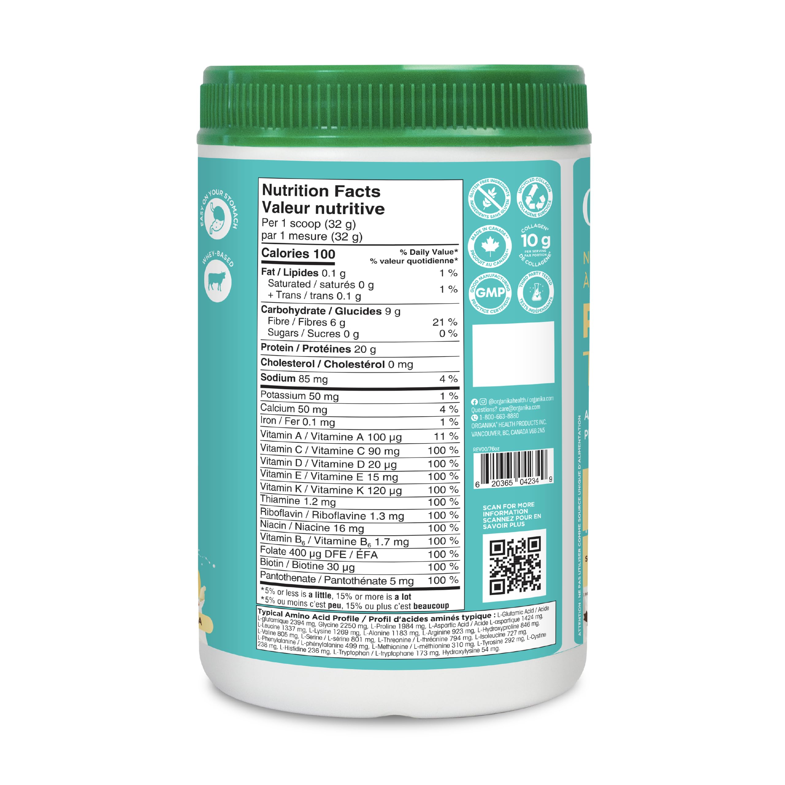 Organika All-in-One Vanilla Protein Powder with 20g Protein, 15 Vitamins & Minerals from Real Fruits & Veggies, 5 Billion CFU Probiotics, 4g Prebiotic Fiber, Digestive Enzymes, 1g Sugar - 640g
