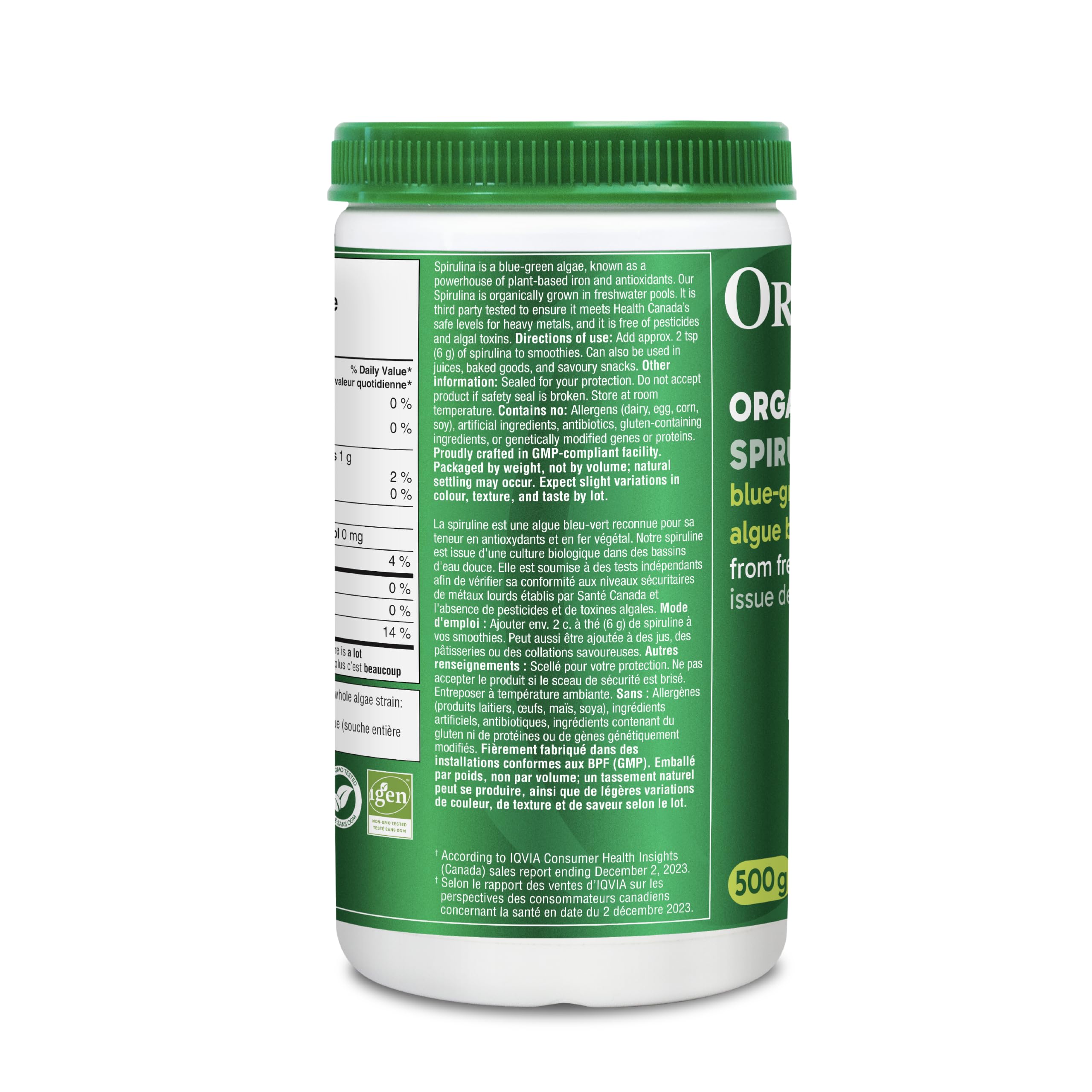 Organika Canadian-Made Certified Organic Spirulina Powder- Superfood, 3rd Party Tested, Pristine Sourcing, Vegan- 500g