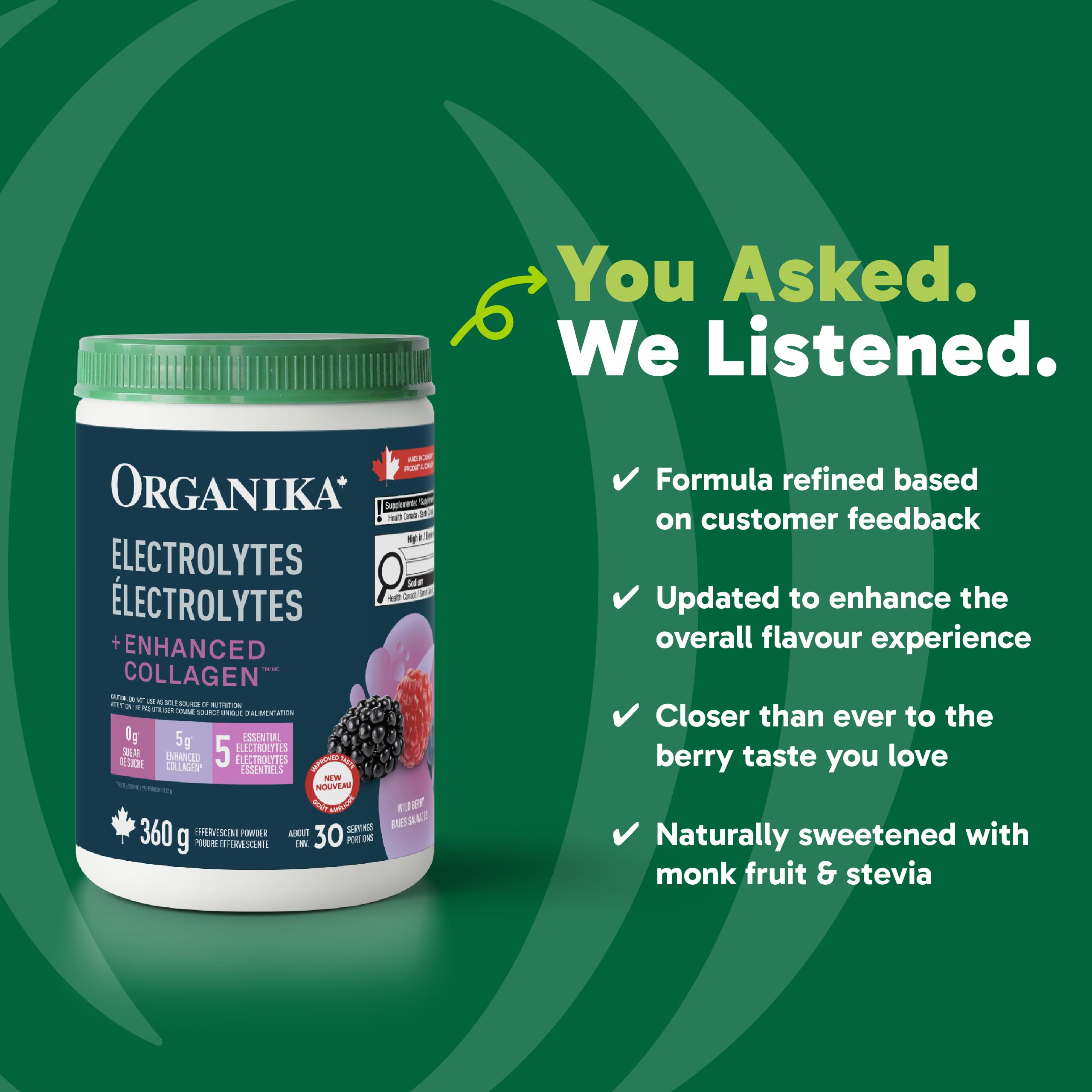 Organika Canadian-Made Electrolytes + Enhanced Collagen - Daily Hydration Powder with 5g of Collagen for Hair, Skin and Nails, 100% of Daily Vitamin C, Wildberry Flavour, 360 g, 30 Servings