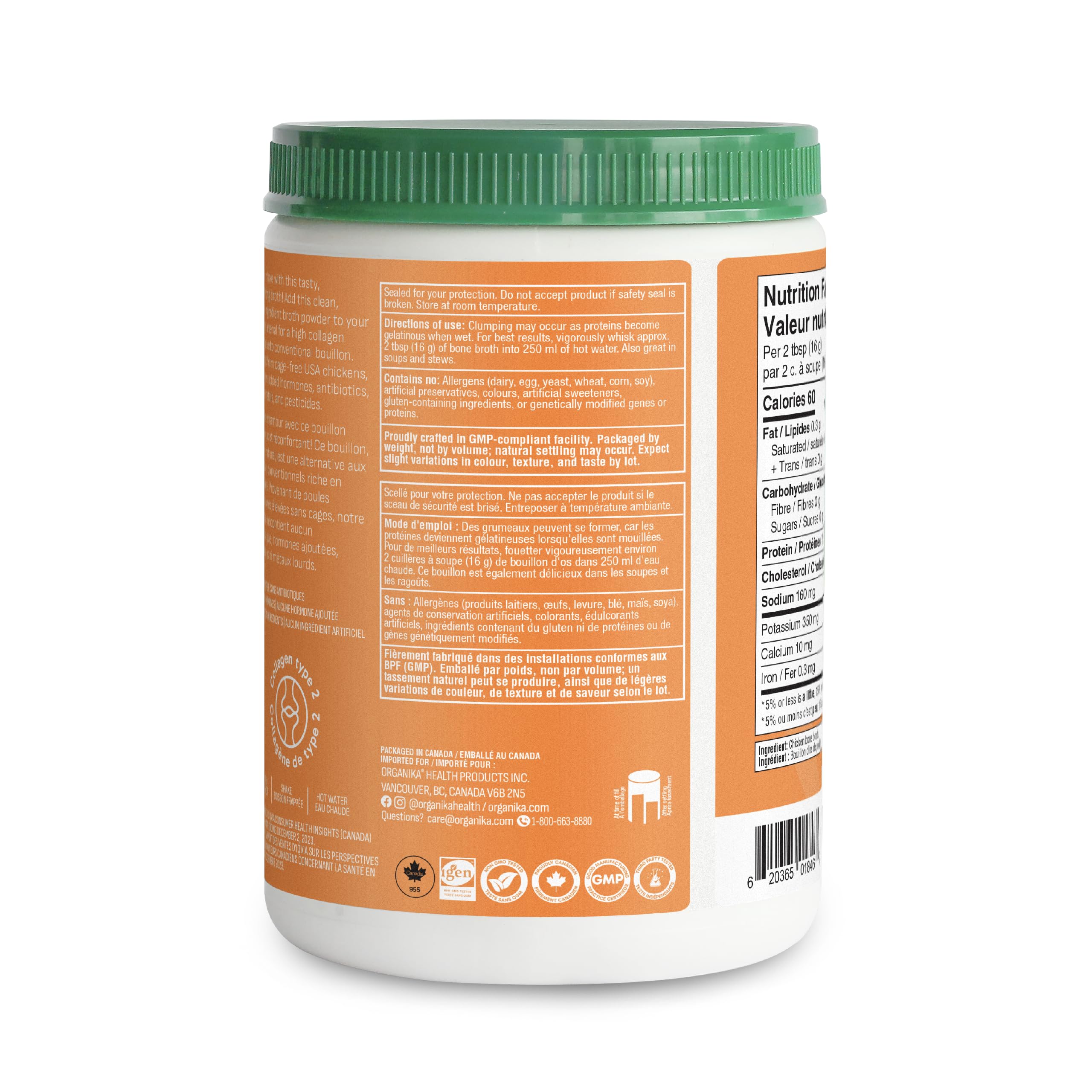 Organika Canadian-Made Chicken Bone Broth Powder-15g Protein Per Serving, Low-Sodium, Mineral-Rich, Convenient Powder Format, Easily Add to Recipes, Keto | Free-Run, Non-GMO and Organic Vegetarian Fed-Chickens- 300g