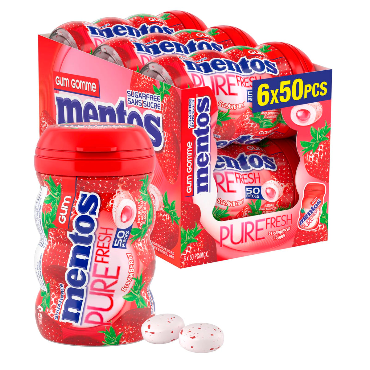 Mentos Pure Fresh, Strawberry Sugar-free Gum - Pack of 6 Bottles (300 Pieces)