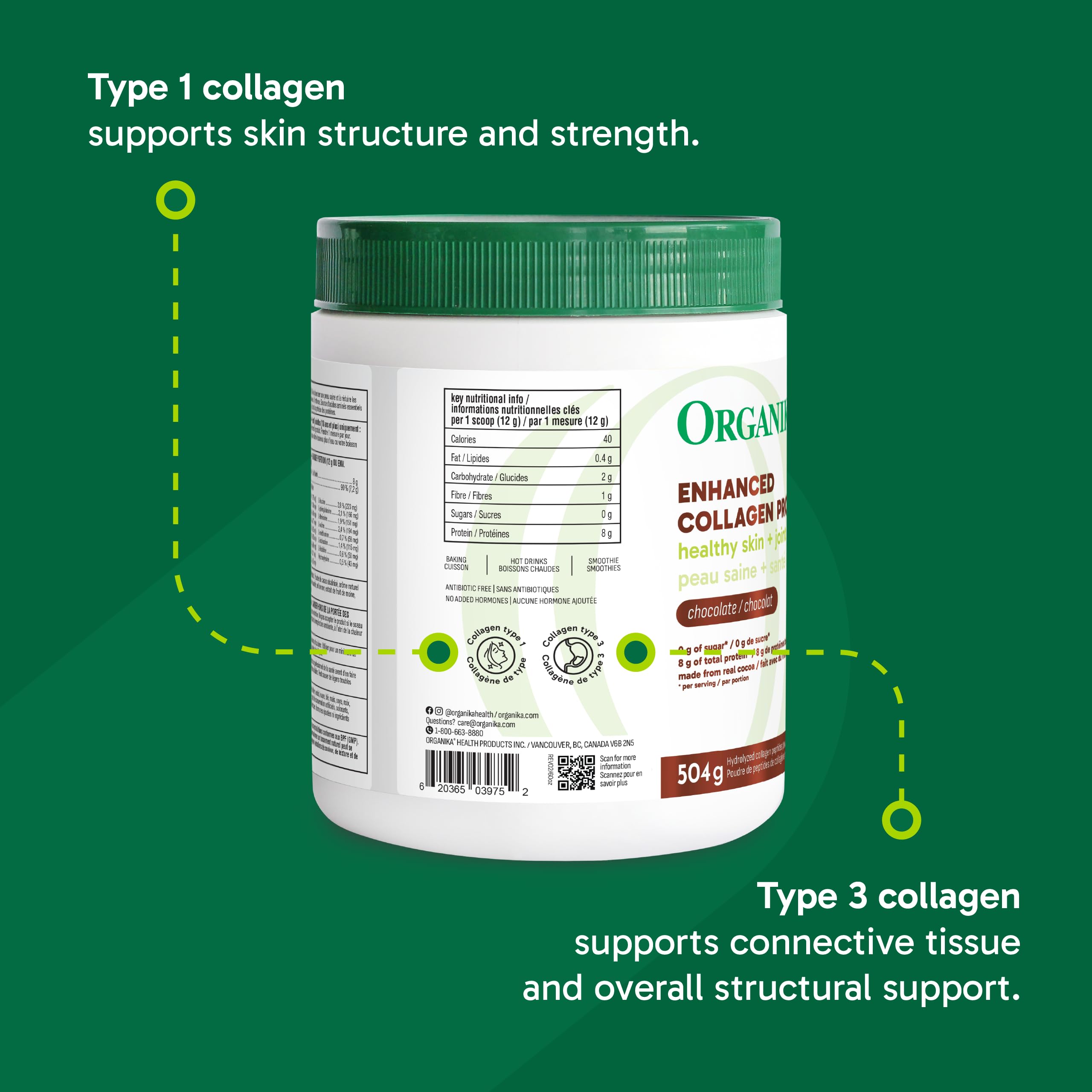 Organika Chocolate Enhanced Collagen Powder (Type 1 & 3) – 10g Per Serving for Hair, Skin, Nails & Joints – Canadian-Made, Grass-Fed, Non-GMO, 504g