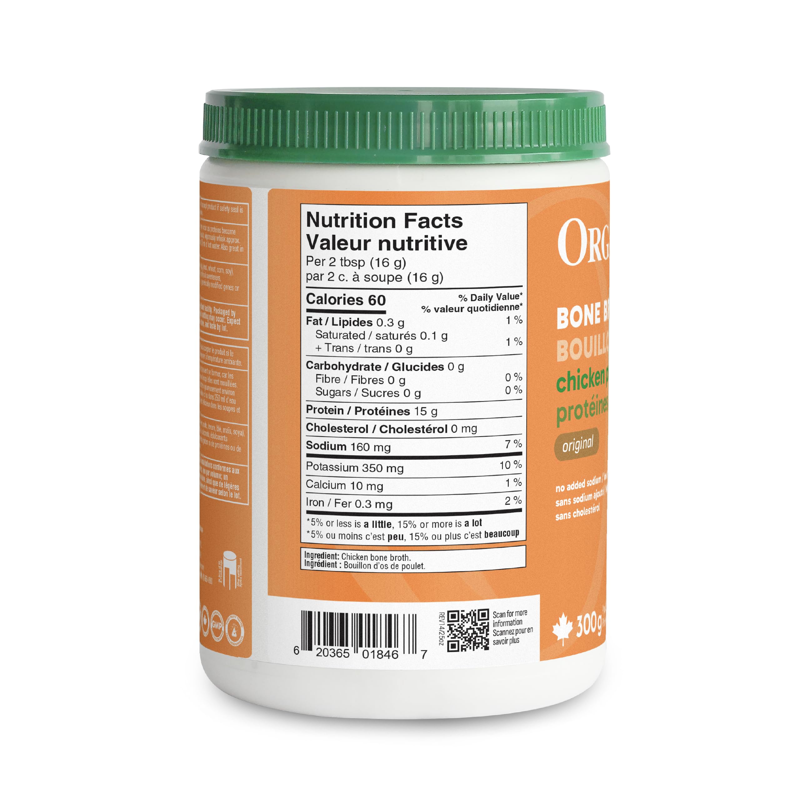 Organika Canadian-Made Chicken Bone Broth Powder-15g Protein Per Serving, Low-Sodium, Mineral-Rich, Convenient Powder Format, Easily Add to Recipes, Keto | Free-Run, Non-GMO and Organic Vegetarian Fed-Chickens- 300g