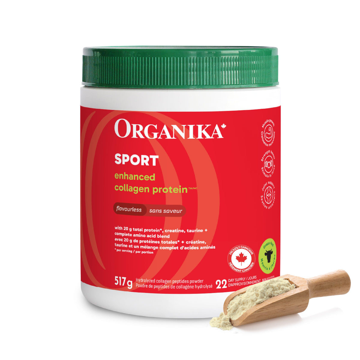 Organika Canadian-Made Enhanced Collagen Sport- 20g Collagen Protein + Creatine, Taurine, and Compete Amino Acid Profile- Promotes Muscle Growth, Strength, and Joint Health- Unflavoured- 517g