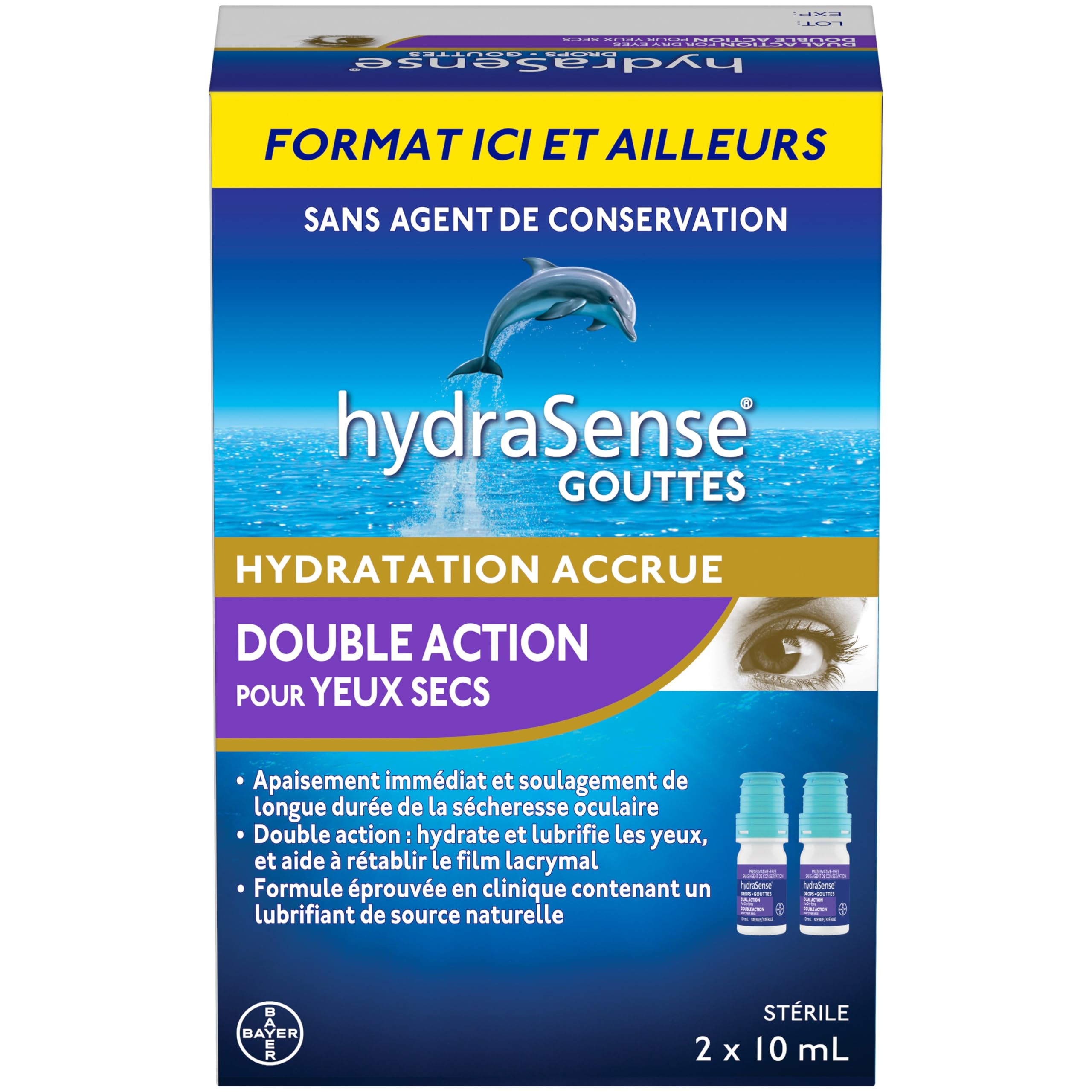 hydraSense Dual Action Eye Drops, For Dry Eyes, Preservative Free, Clinically Proven Dual Action Formula, Naturally Sourced Lubricant, With Phospholipids, 2 x 10 mL