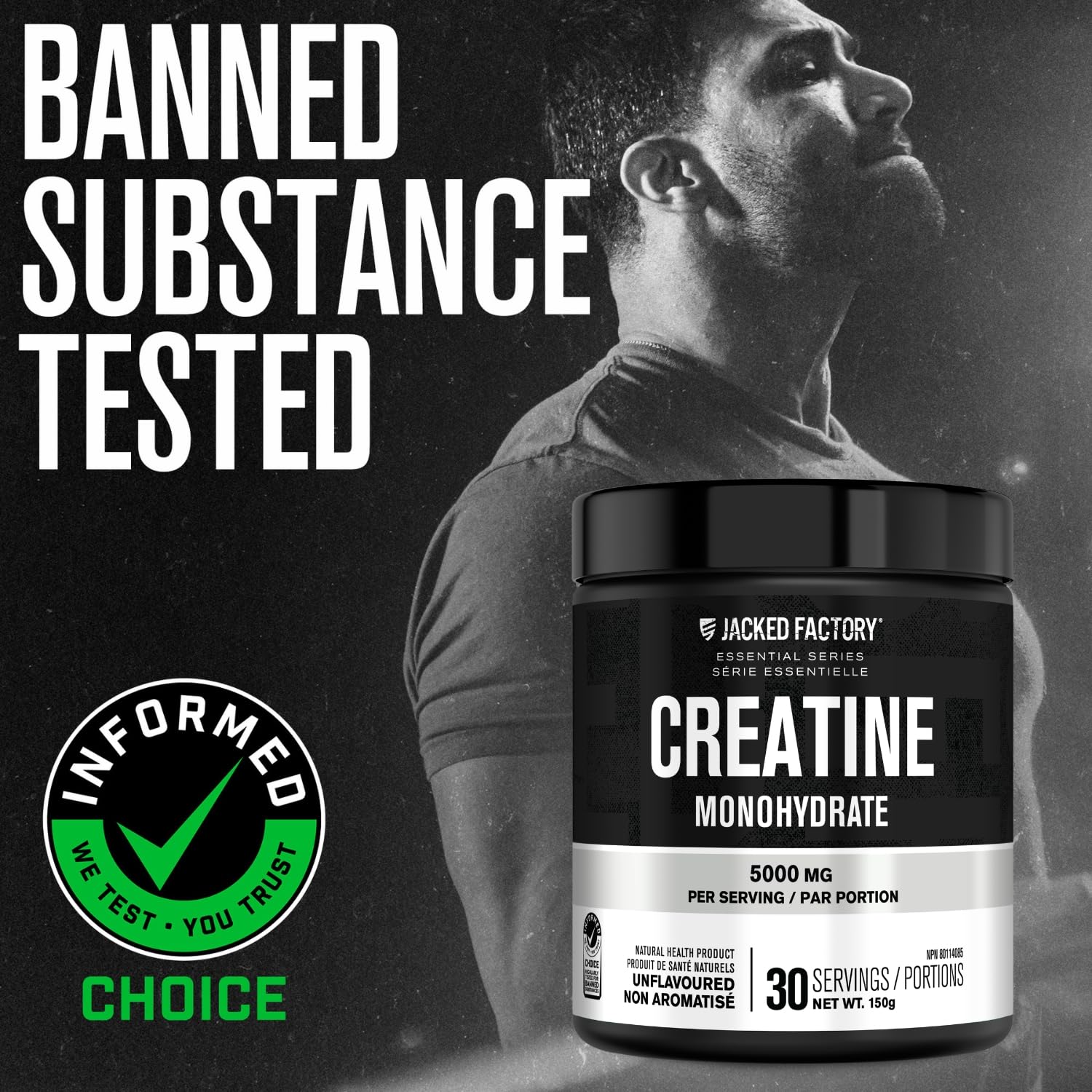 Jacked Factory Creatine Monohydrate Powder 150g - Canadian-Owned Informed Choice Certified Supplement for Increased Muscle Mass*, Improved Strength, Power, & Performance** - 30 Servings, Unflavored