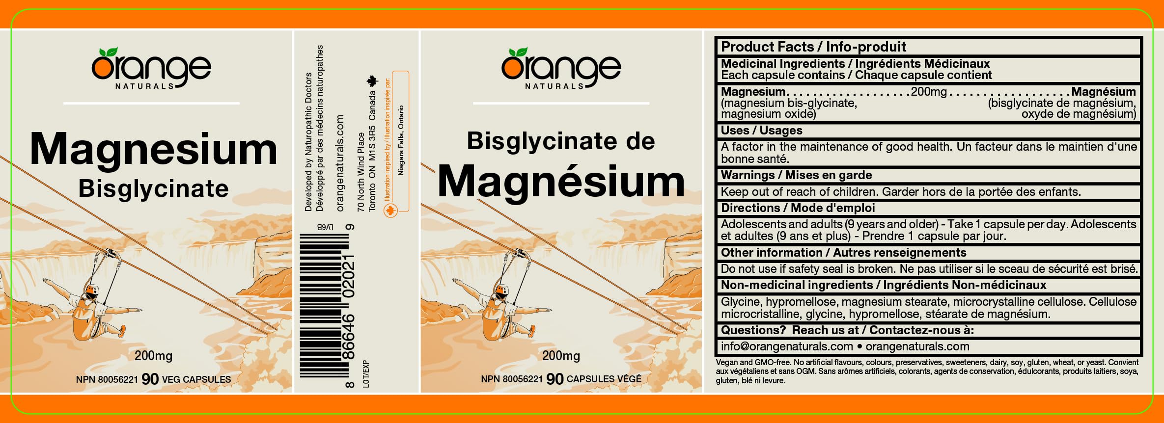 Orange Naturals - Magnesium Glycinate 200mg, 90 Capsules 90-Day Supply - Vegan & Non-GMO - Optimal Absorption Magnesium Bisglycinate Supplement - Maintain Proper Muscle Function, Support Bones & Teeth