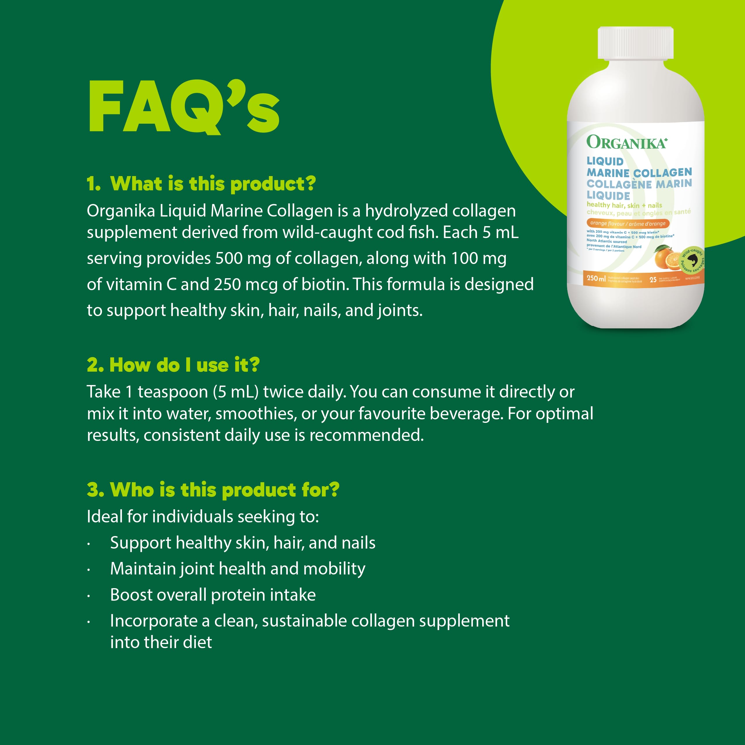 Organika Canadian-Made Liquid Marine Collagen - with Added Vitamin C and Biotin - Orange Flavour- 250ml
