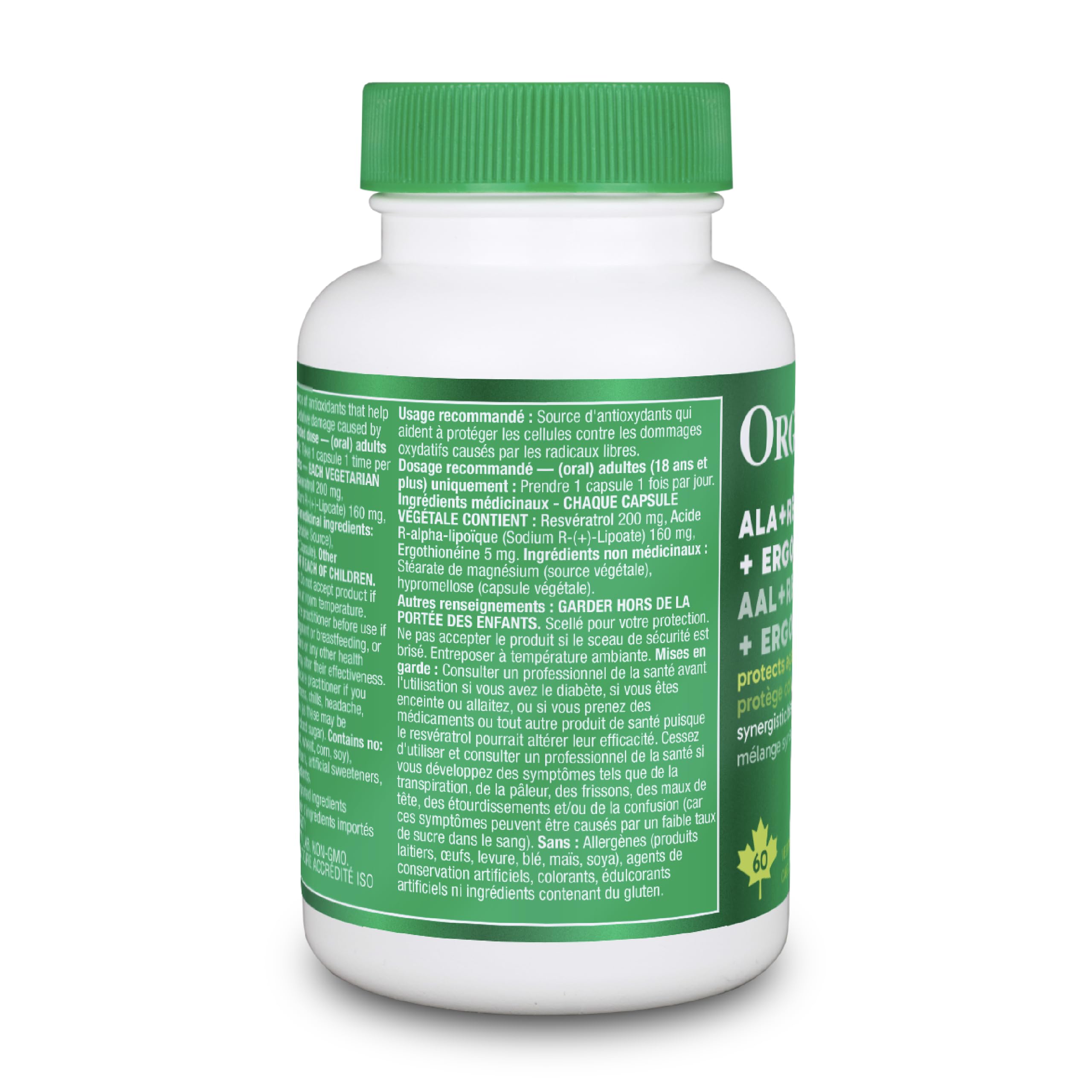 Organika Canadian-Made ALA + Resveratrol + Ergothioneine | Triple Antioxidant Formula | Cellular & Mitochondrial Support | Highly Bioavailable ALA | Vegetarian | 60 Capsules