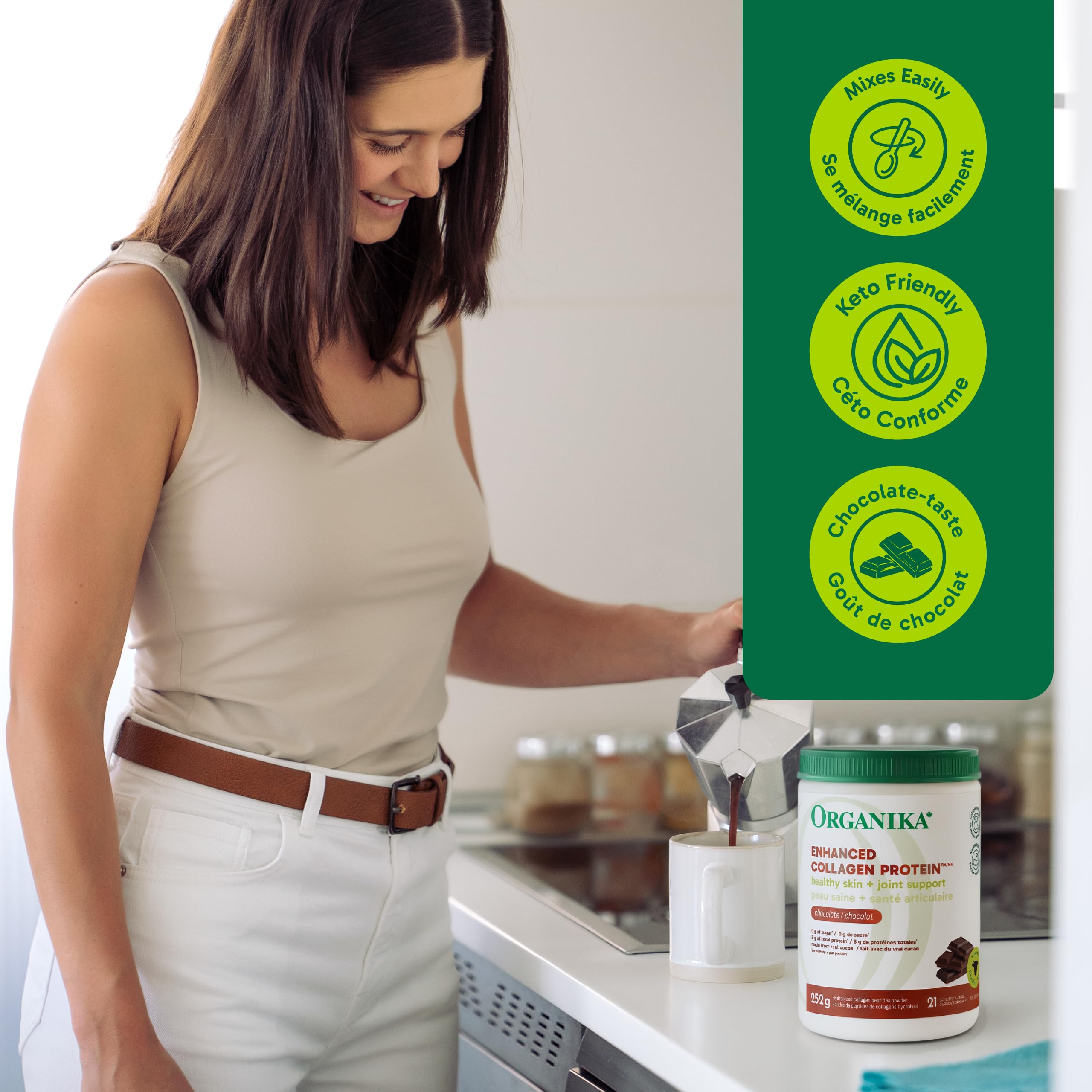 Organika Canadian-Made Chocolate Enhanced Collagen Powder, Grass-Fed with Real Cocoa, Sugar-Free, Healthy Hair, Skin, Nails, Joints, 252 G