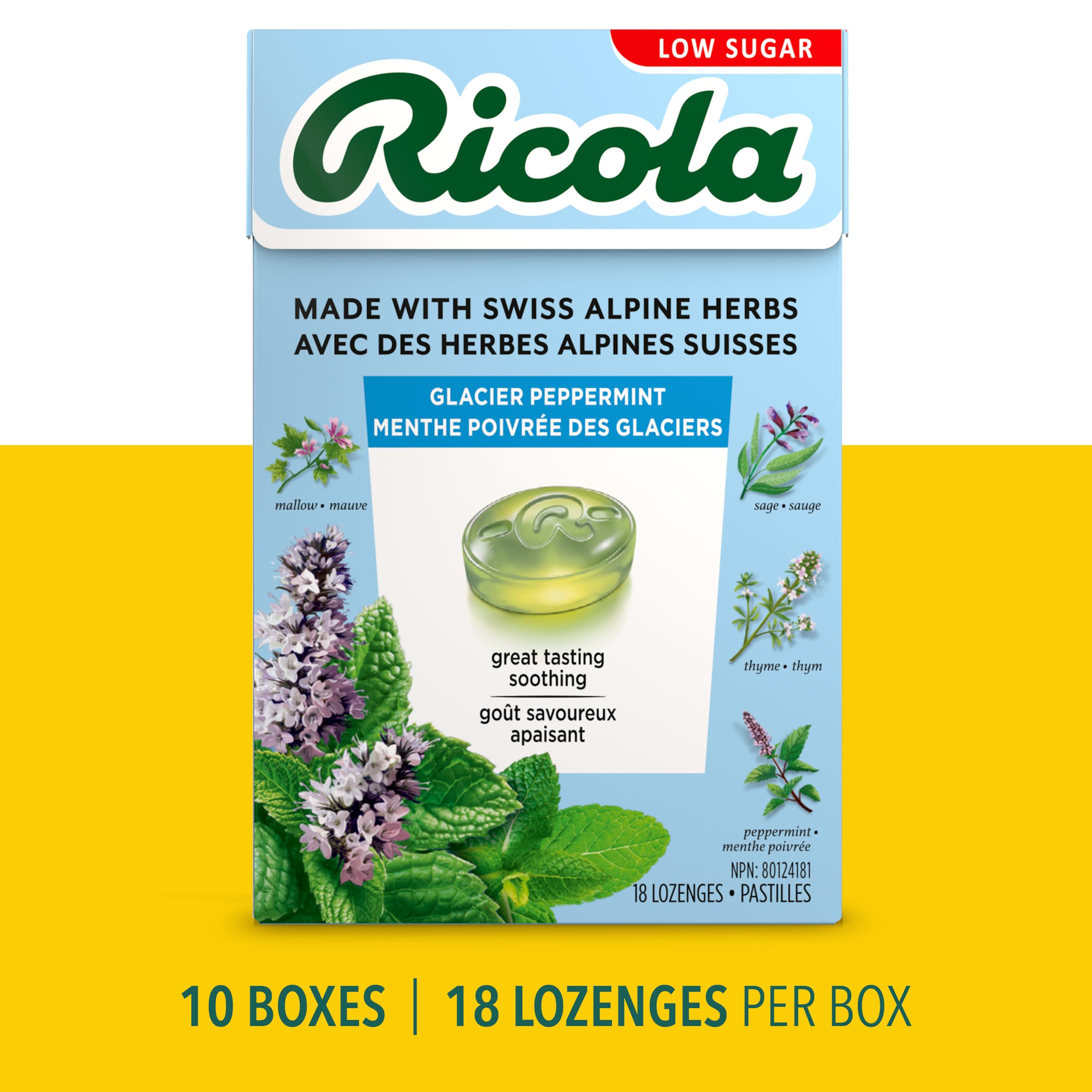 Ricola Glacier Mint Cough Suppressant Throat Drops, 18 Count Box (Pack of 10)