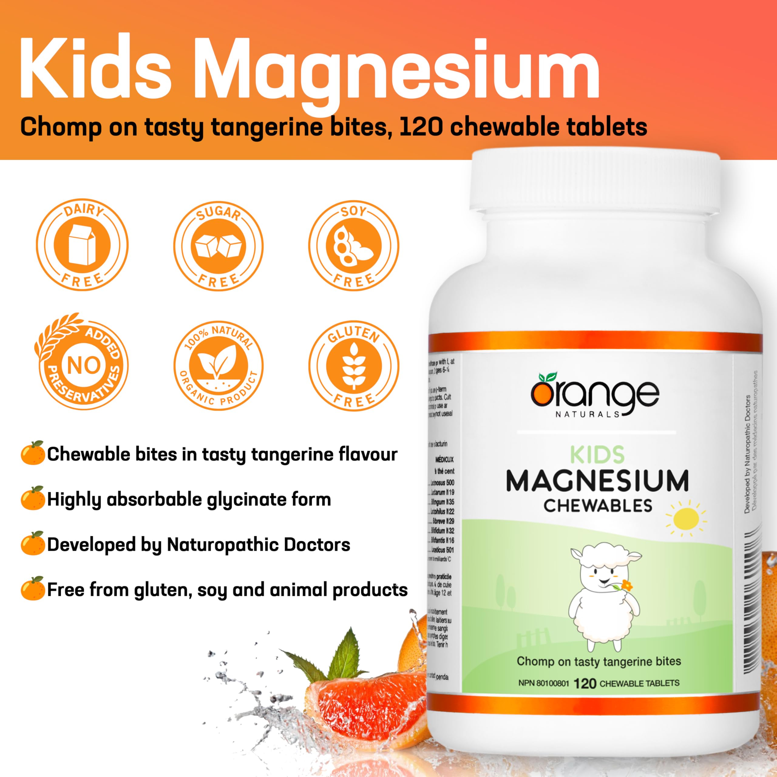 Orange Naturals Kids Magnesium - 120 Chewable Tablets, 120-Day Supply, Orange - Bone & Teeth Support with Chewable Magnesium - Muscle Function & Calm, Restful Sleep Support - Vegan & Non-GMO