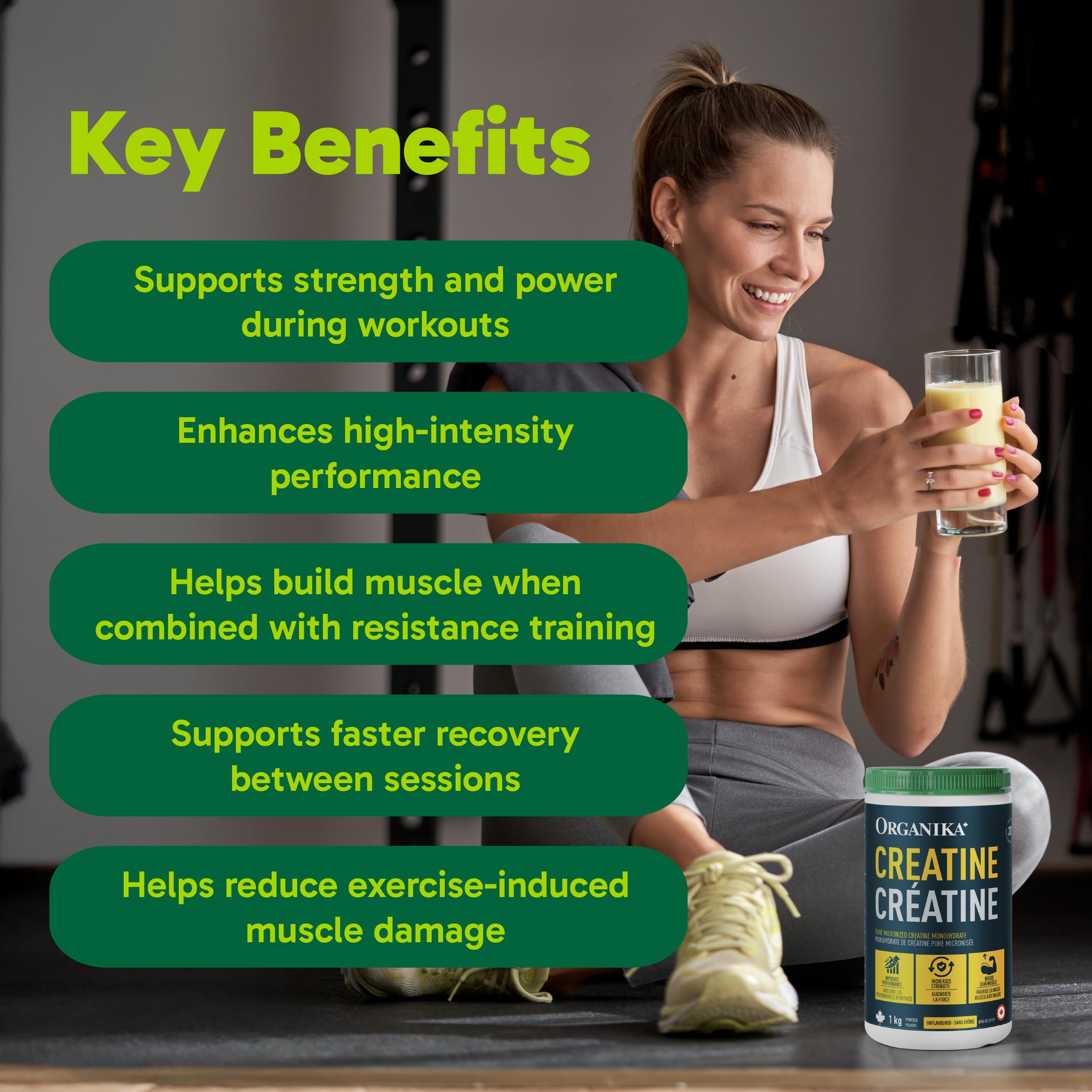 Organika Canadian-Made Creatine Powder - Pure Micronized Creatine Monohydrate - NSF Certified - Supports Strength, Muscle, Recovery and Performance for Men and Women - Unflavoured - 1KG, 200 servings
