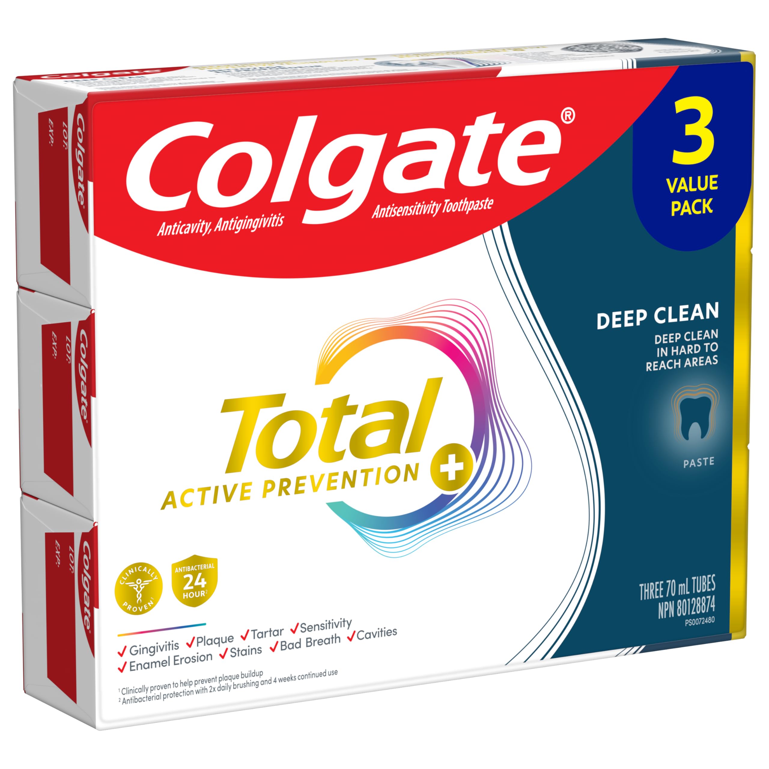 Colgate Total Active Prevention Plus Deep Clean Toothpaste, Anticavity Fluoride Toothpaste, Helps Clean Hard-to-Reach Areas and Freshens Breath, Mint, 3 Pack, 70 mL