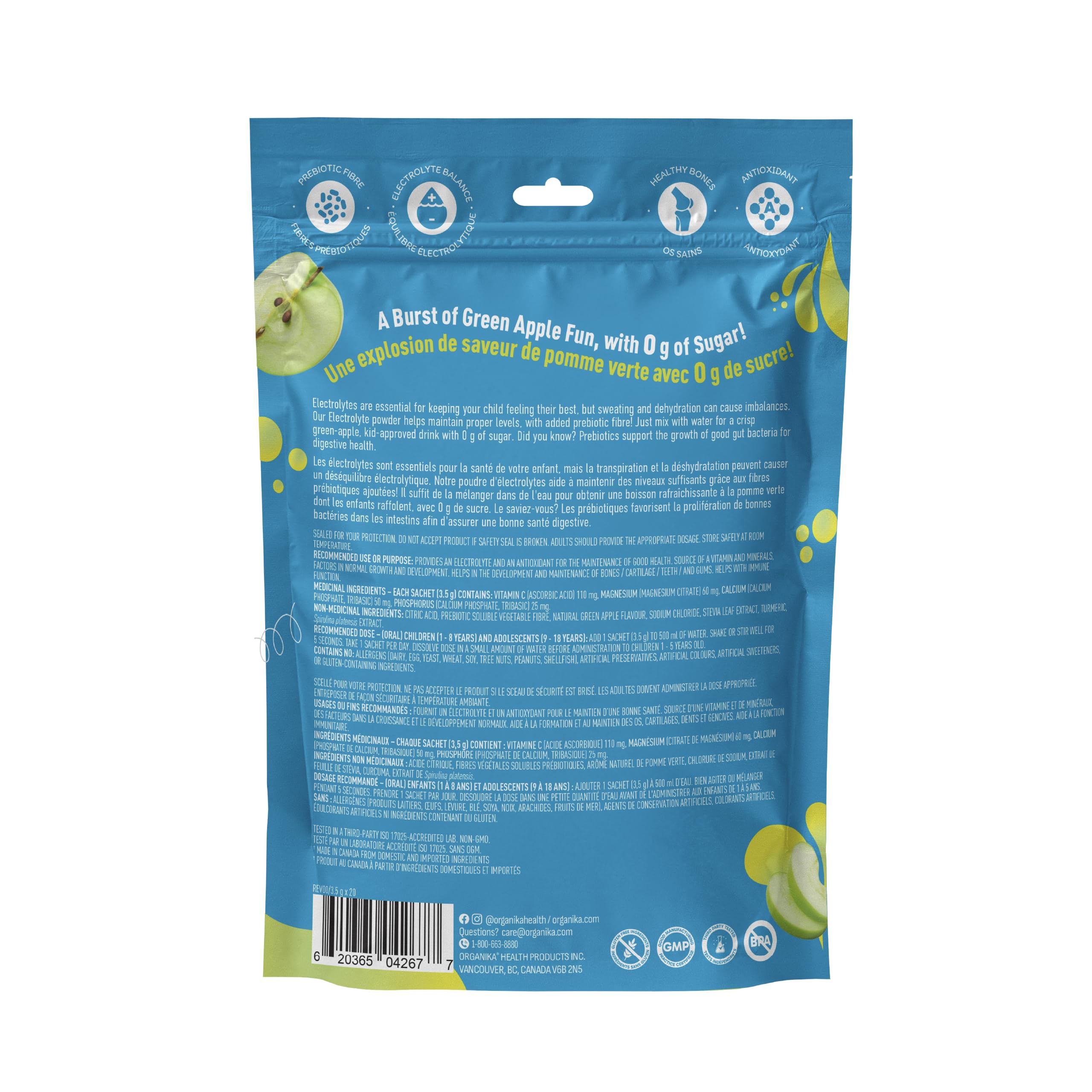 Organika Kids Electrolytes Powder Sticks - Sugar-Free Hydration + Immune support with 100% of daily Vitamin C, Minerals and Prebiotic Fibre | Green Apple Flavour - 3.5g x 20 sachets