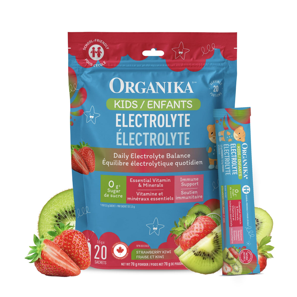 Organika Kids Electrolytes Powder Sticks - Sugar-Free Hydration + Immune support with 100% of daily Vitamin C, Minerals and Prebiotic Fibre | Strawberry Kiwi Flavour - 3.5g x 20 sachets